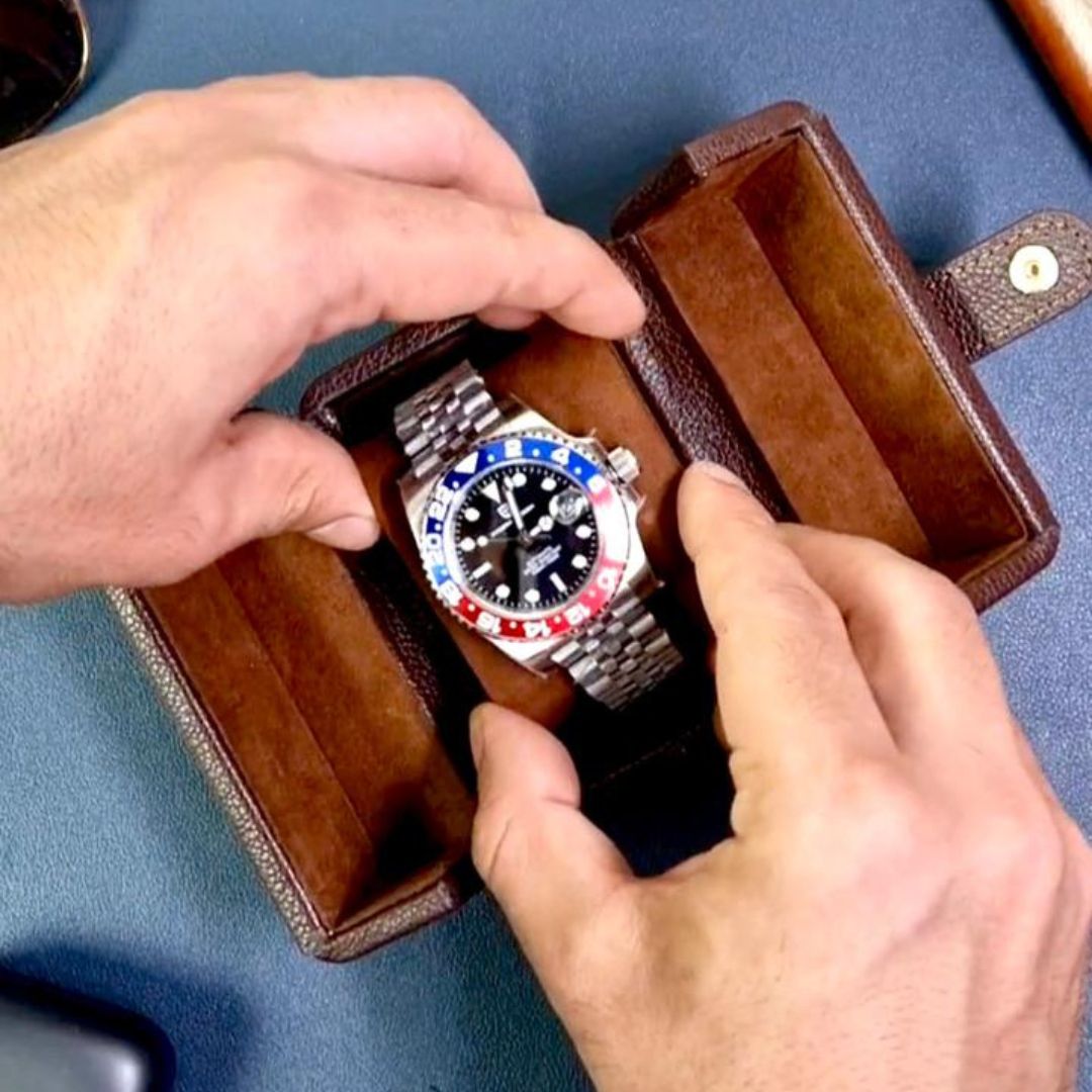 Dream Watches Premium Double Folding Leather Watch Case | Removable Cushion | Dual Shade | Suede Lined