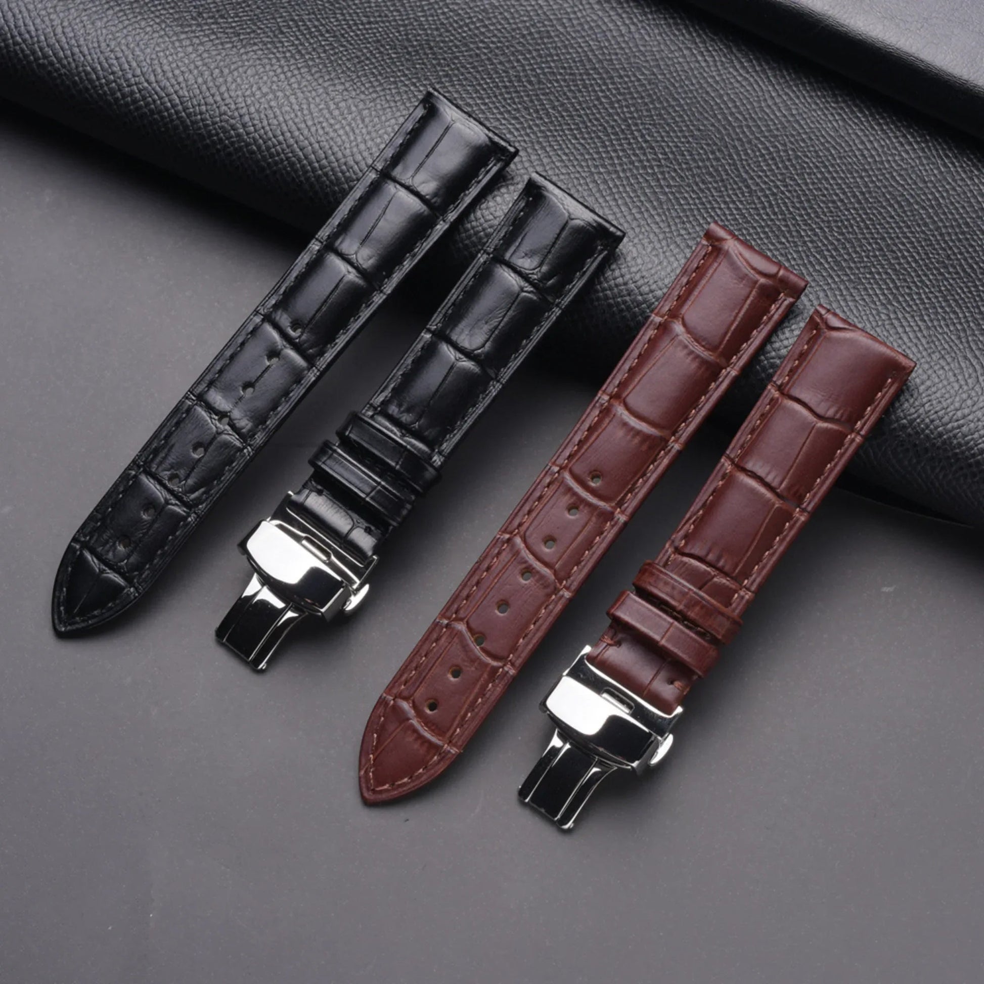 Quality Leather Watch Band/Strap with butterfly buckle - Black (20 mm) - DREAM WATCHES