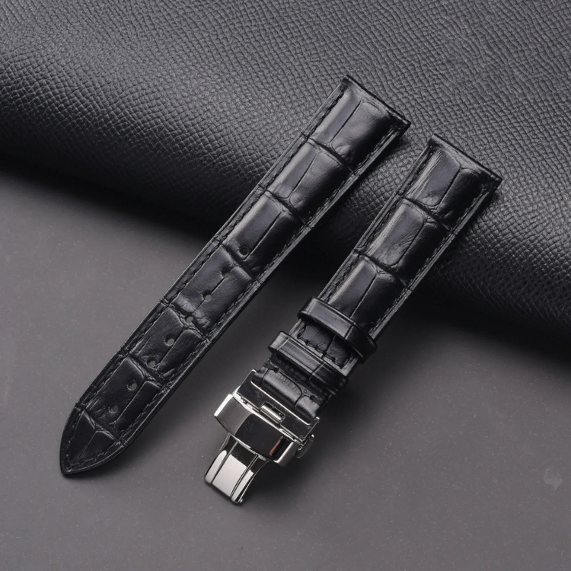 Quality Leather Watch Band/Strap with butterfly buckle - Black (20 mm) - DREAM WATCHES