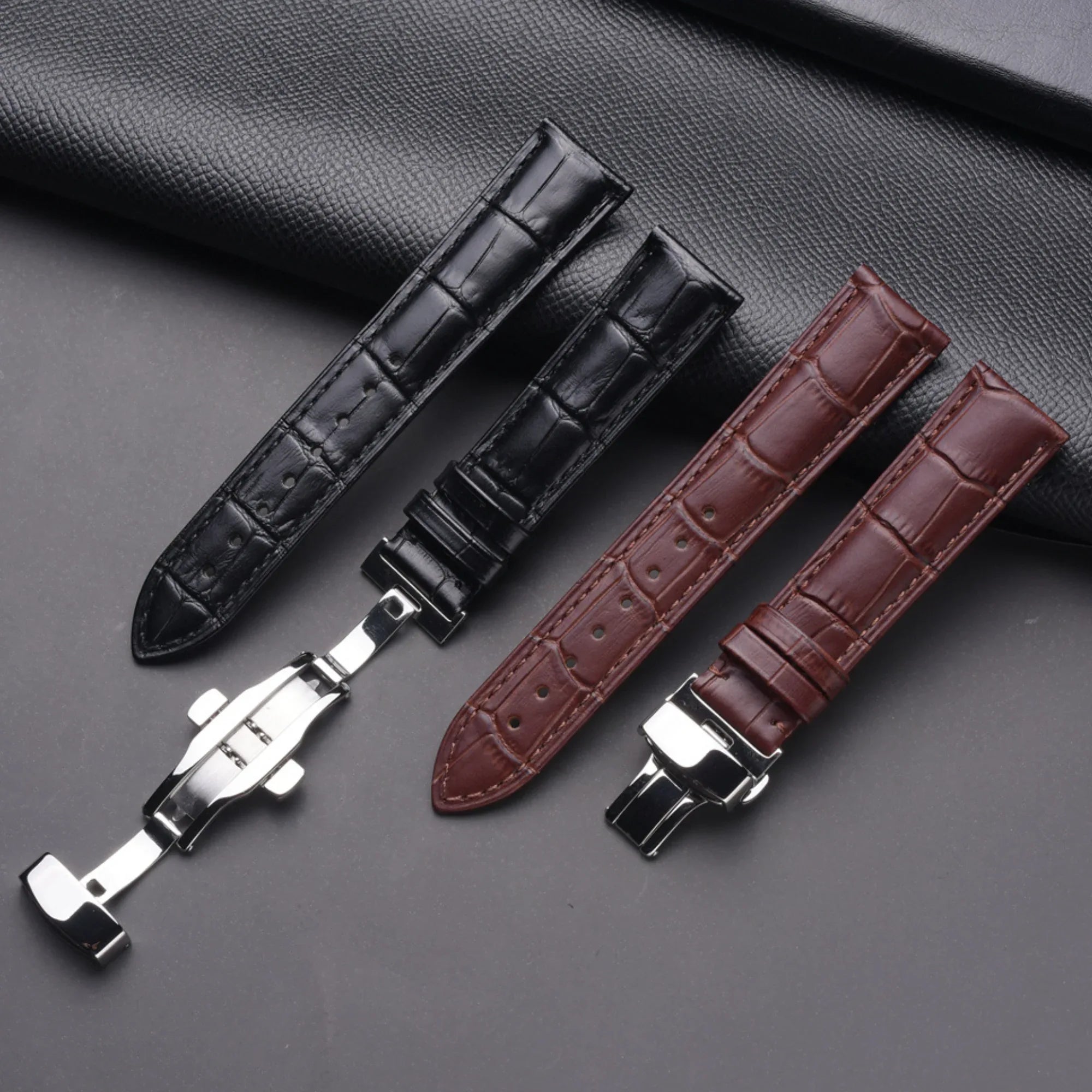 Quality Leather Watch Band/Strap with butterfly buckle - Black (20 mm) - DREAM WATCHES