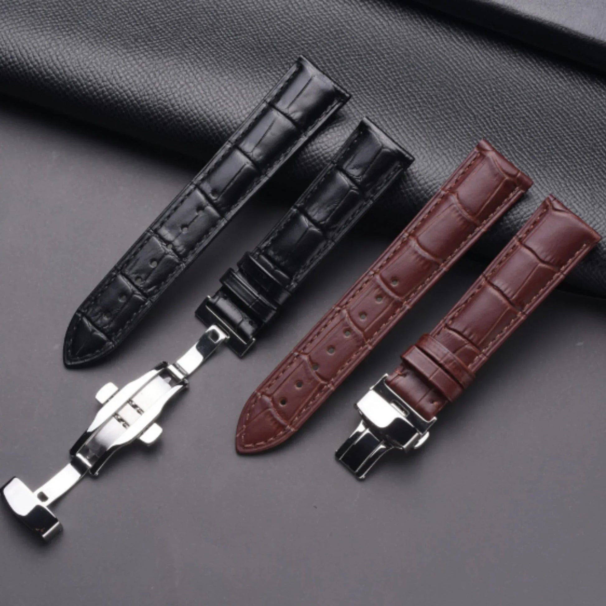 Quality Leather Watch Band/Strap with butterfly buckle - Black (22 mm) - DREAM WATCHES