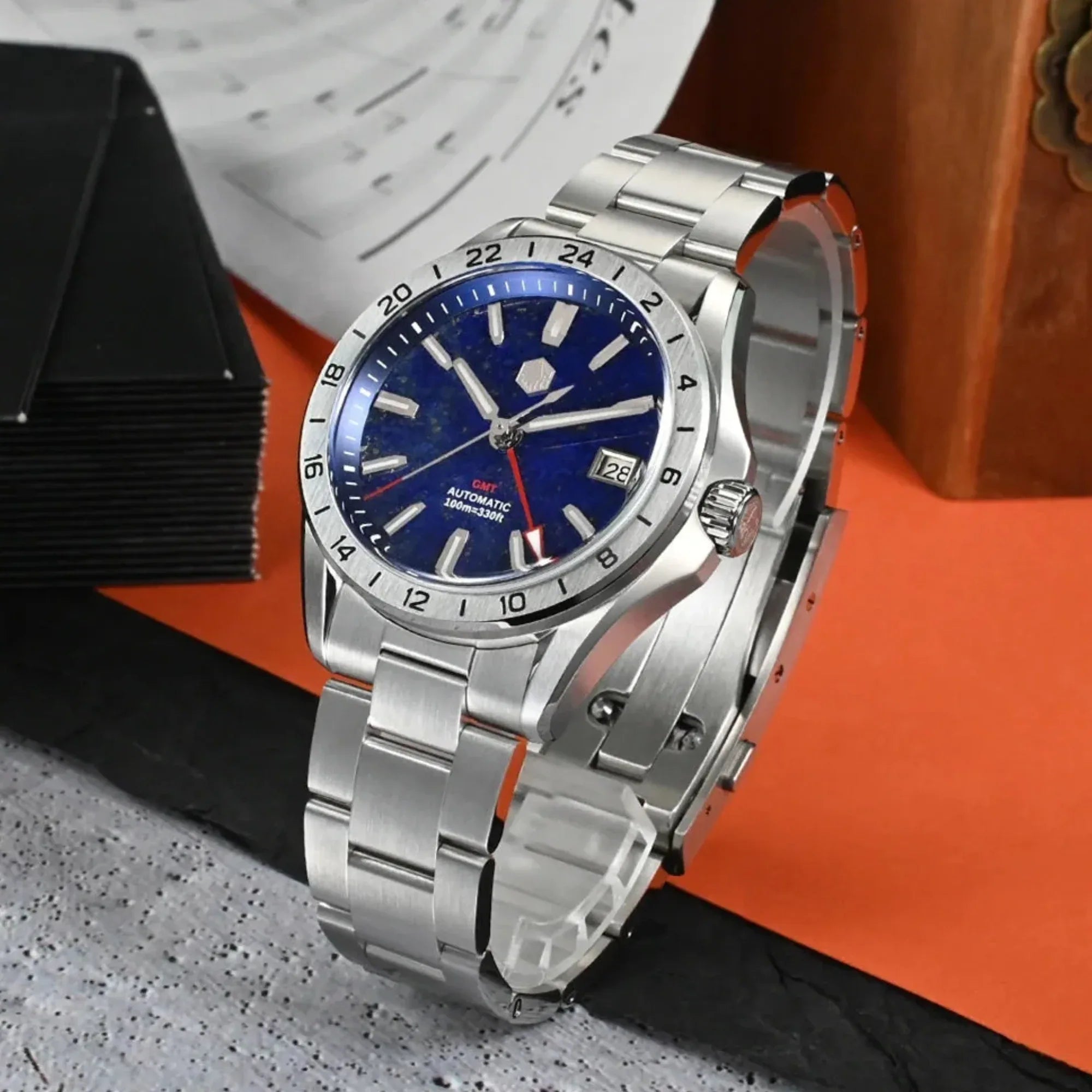 San Martin Aventurine Gemstone NH34 GMT Watch SN0129GB- Blue Lapis Lazuli - DREAM WATCHES