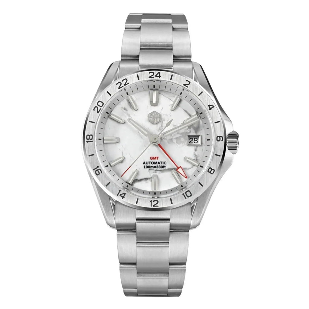 San Martin Aventurine Gemstone NH34 GMT Watch SN0129GB - White Marble - DREAM WATCHES