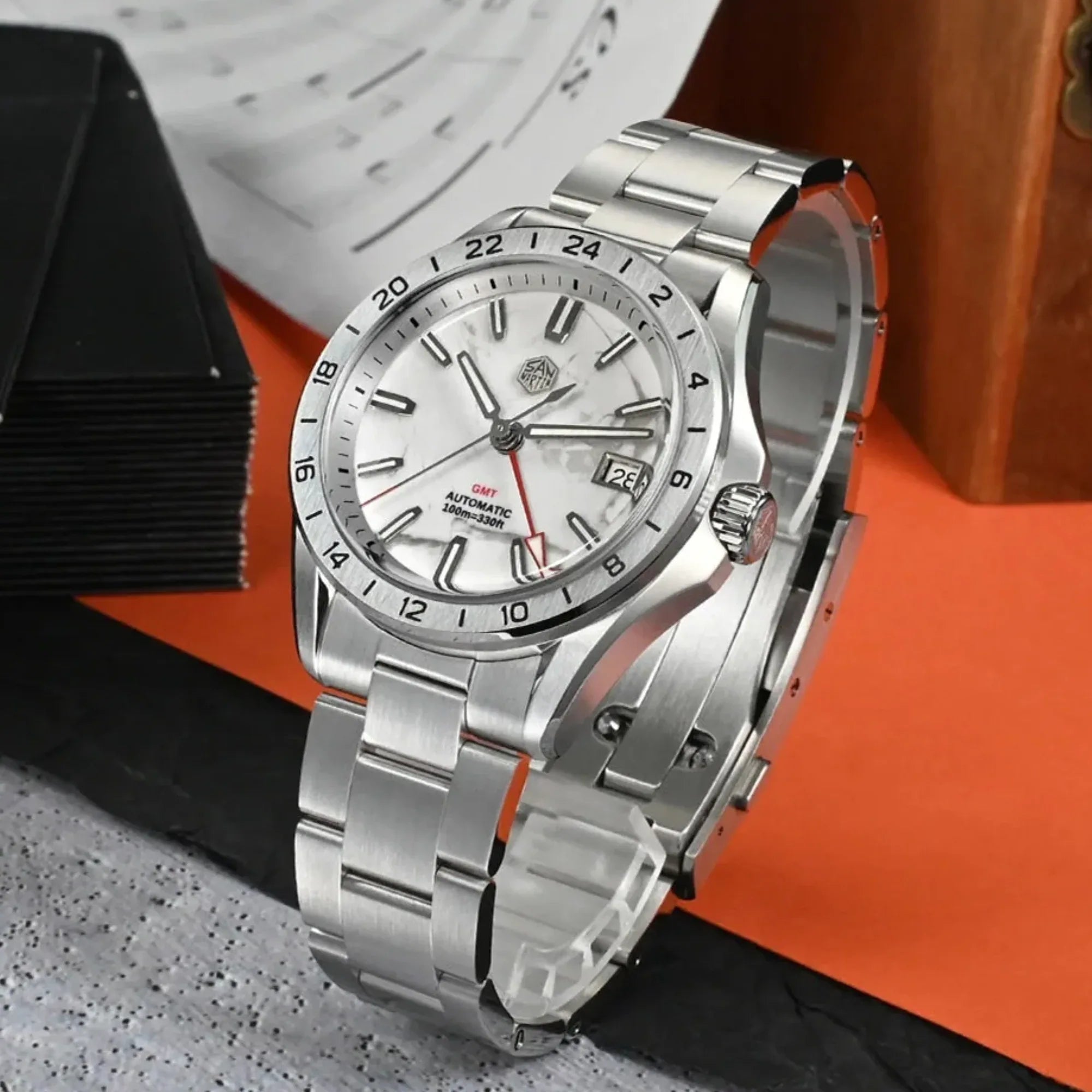 San Martin Aventurine Gemstone NH34 GMT Watch SN0129GB - White Marble - DREAM WATCHES