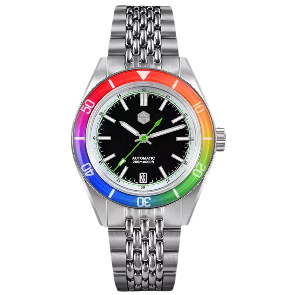 San Martin Design 39.5mm Mens NH35 Automatic Black Dial Colorful Rainbow Bezel Insert SN0116-B1 - DREAM WATCHES