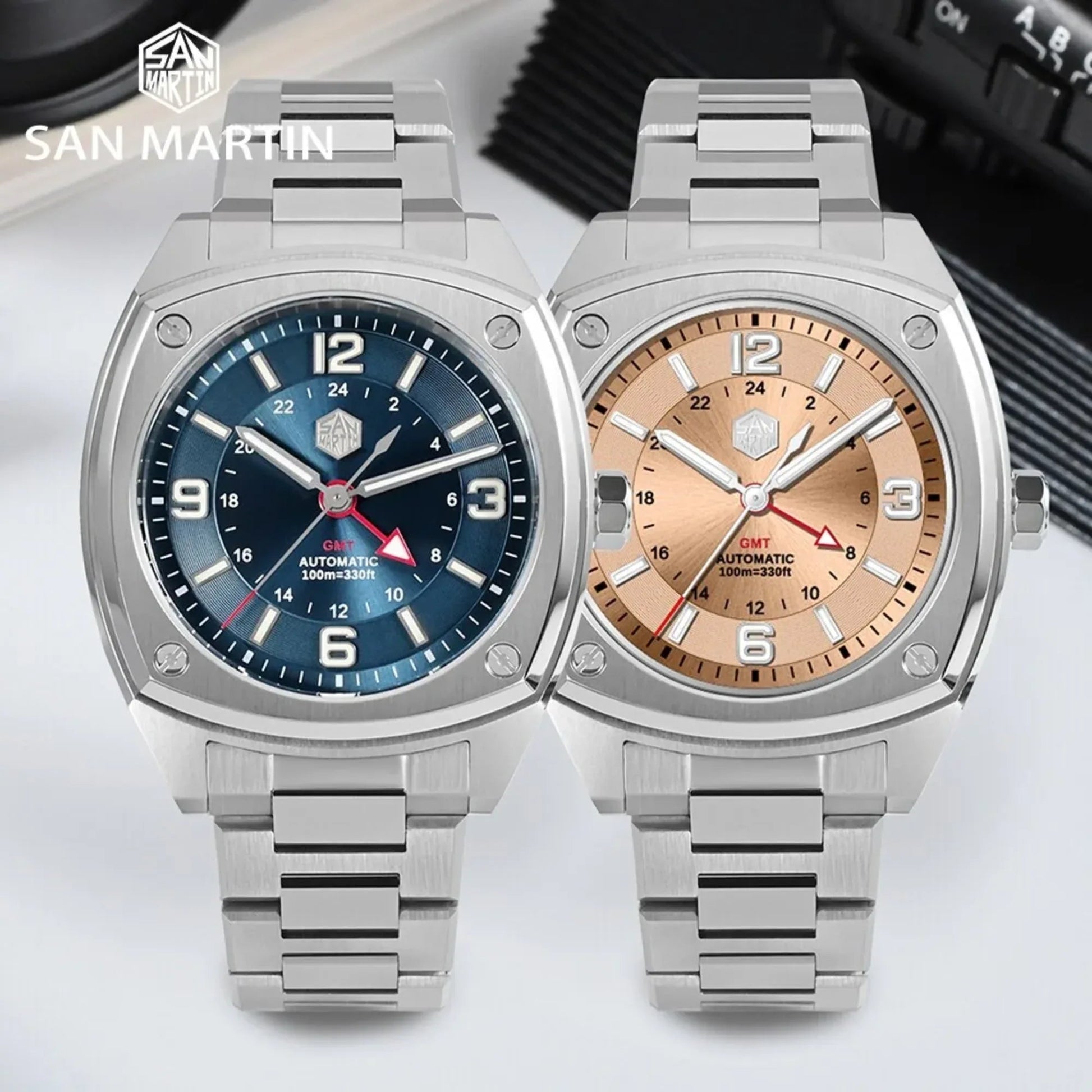 San Martin Mens Watch Original Design Square GMT SN026 - Blue - DREAM WATCHES