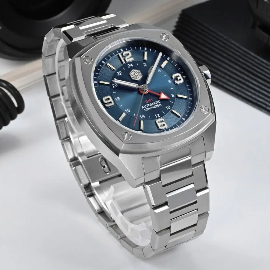 San Martin Mens Watch Original Design Square GMT SN026 - Blue - DREAM WATCHES
