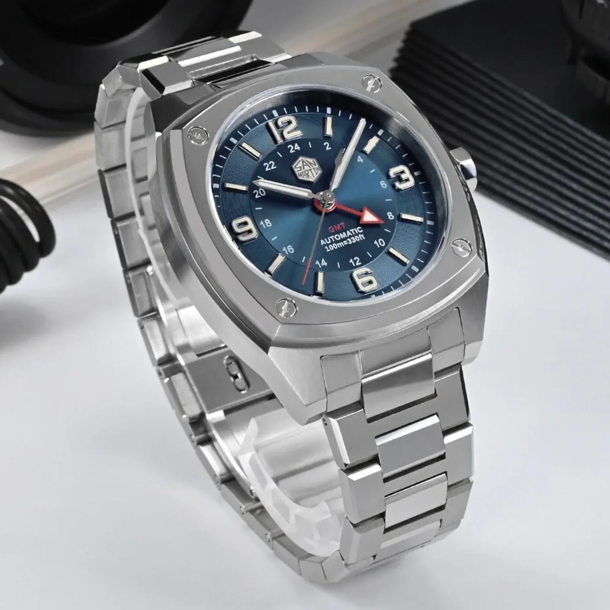 San Martin Mens Watch Original Design Square GMT SN026 - Blue - DREAM WATCHES