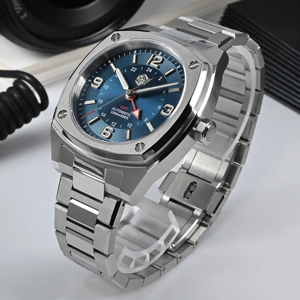 San Martin Mens Watch Original Design Square GMT SN026 - Blue - DREAM WATCHES