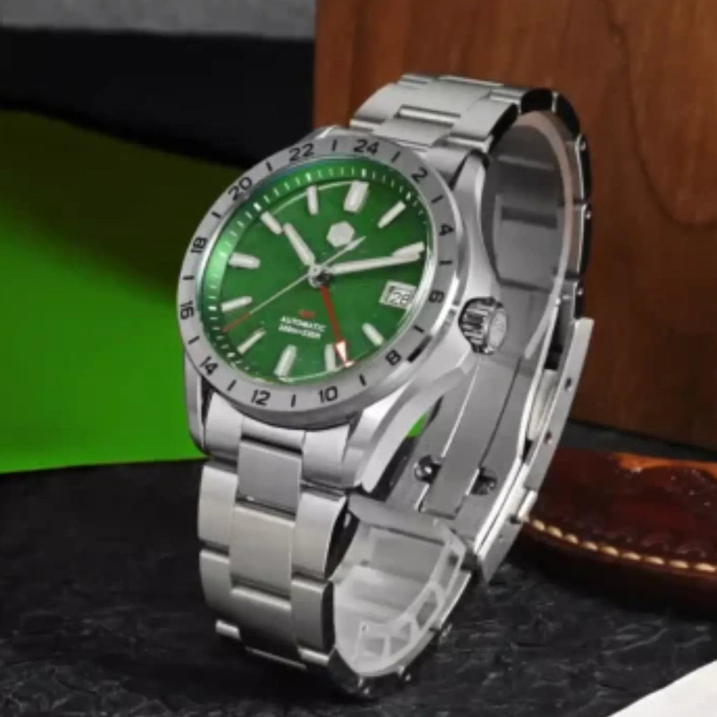 San Martin New 39mm Luxury Men’s Business Dress GMT Watch NH34 Automatic Mechanical Date Windows Waterproof 100m Luminous With Red Agate and Green Jade Dial SN0129-B-1 - DREAM WATCHES