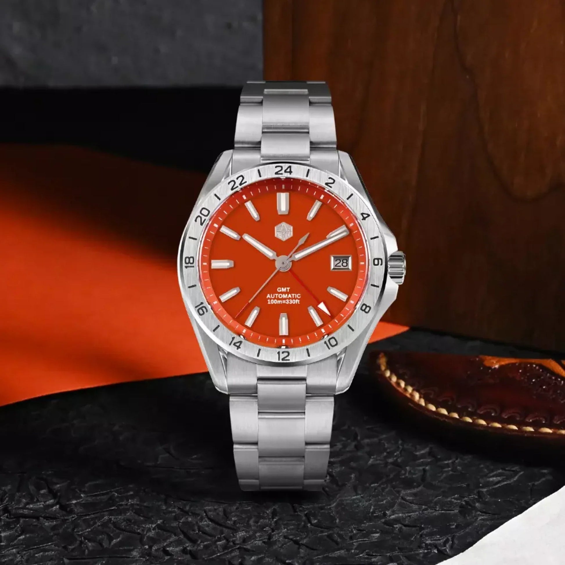 San Martin New 39mm Luxury Men’s Business Dress GMT Watch NH34 Automatic Mechanical Date Windows Waterproof 100m Luminous With Red Agate and Green Jade Dial SN0129-B-1 - DREAM WATCHES
