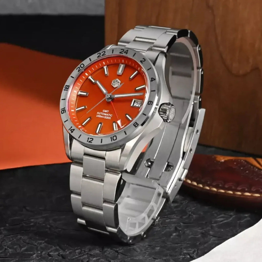 San Martin New 39mm Luxury Men’s Business Dress GMT Watch NH34 Automatic Mechanical Date Windows Waterproof 100m Luminous With Red Agate and Green Jade Dial SN0129-B-1 - DREAM WATCHES