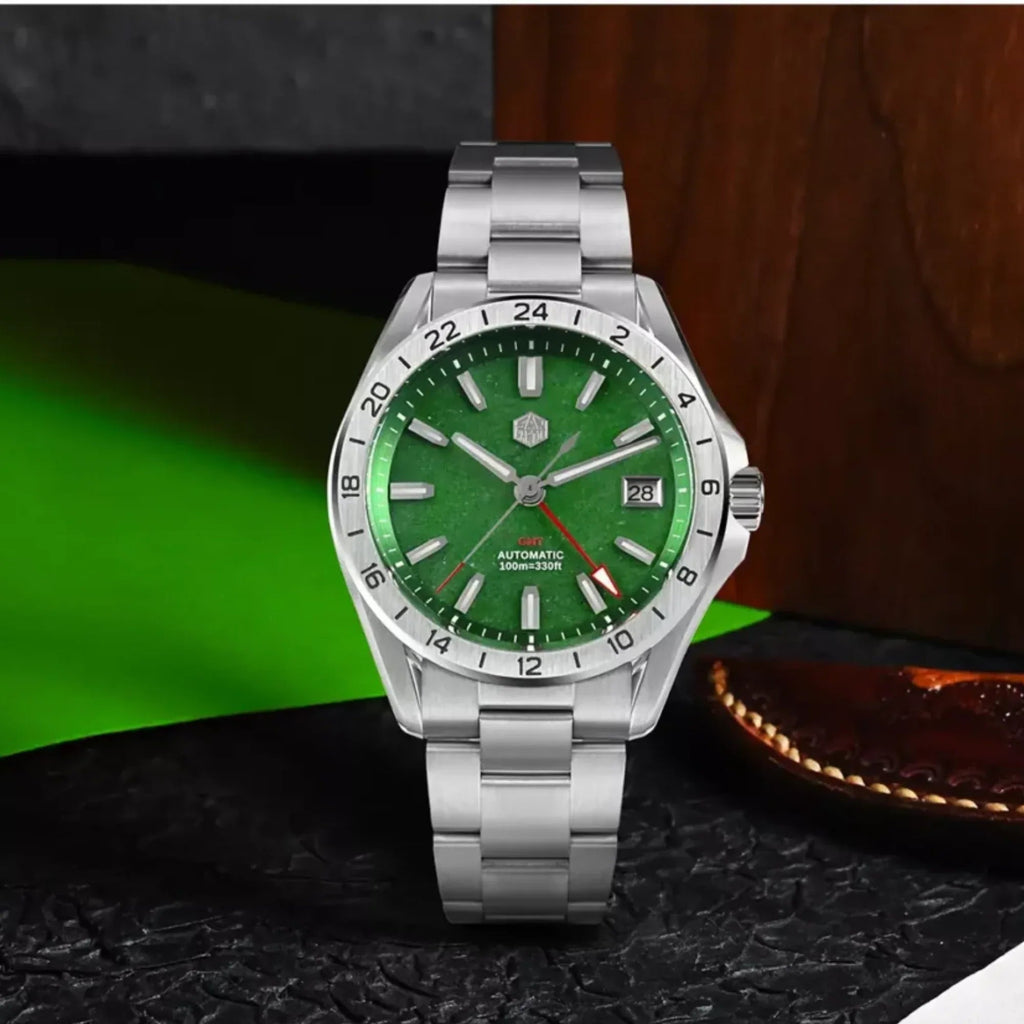 San Martin New 39mm Luxury Men’s Business Dress GMT Watch NH34 Automatic Mechanical Date Windows Waterproof 100m Luminous With Red Agate and Green Jade Dial SN0129-B-1 - DREAM WATCHES