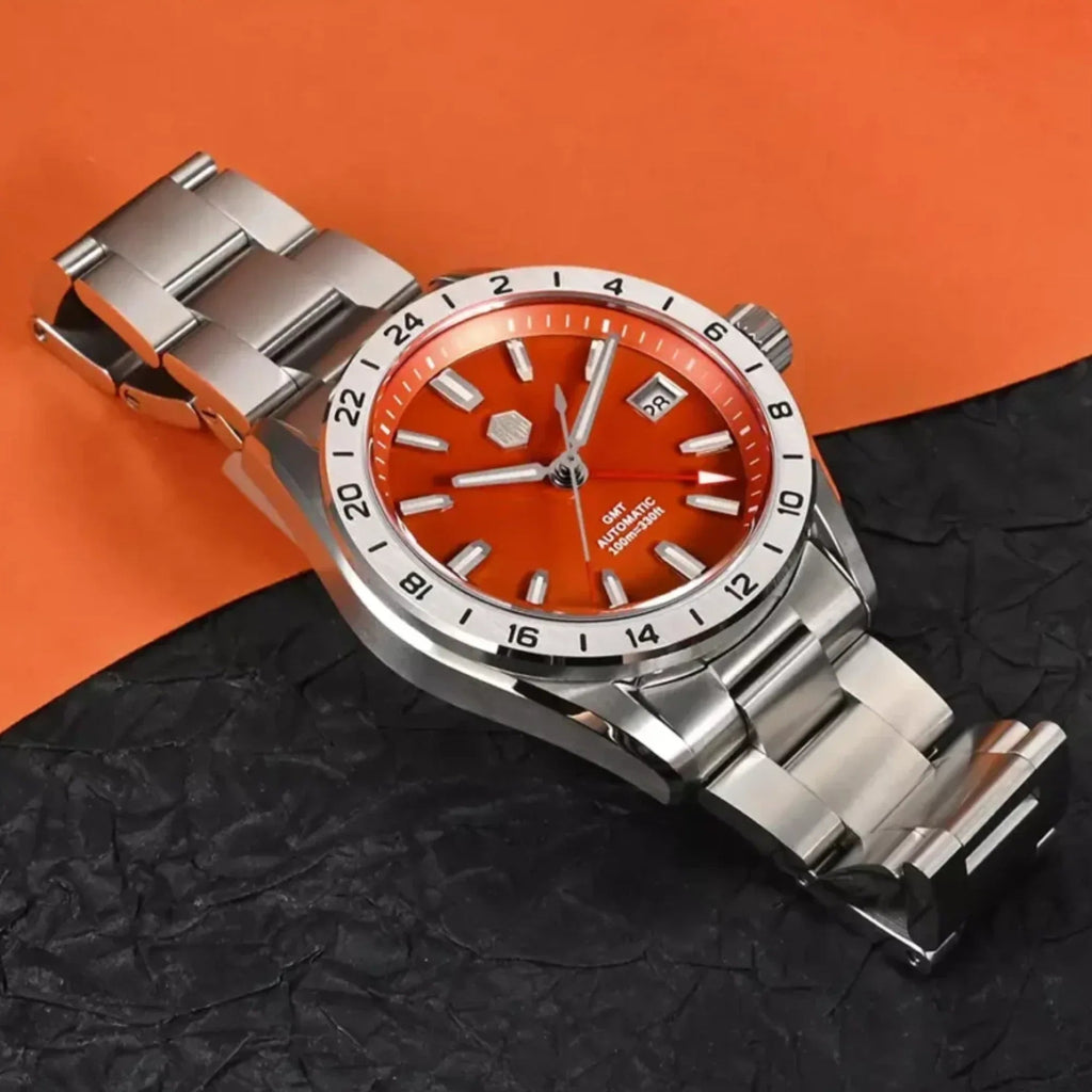 San Martin New 39mm Luxury Men’s Business Dress GMT Watch NH34 Automatic Mechanical Date Windows Waterproof 100m Luminous With Red Agate and Green Jade Dial SN0129-B-1 - DREAM WATCHES