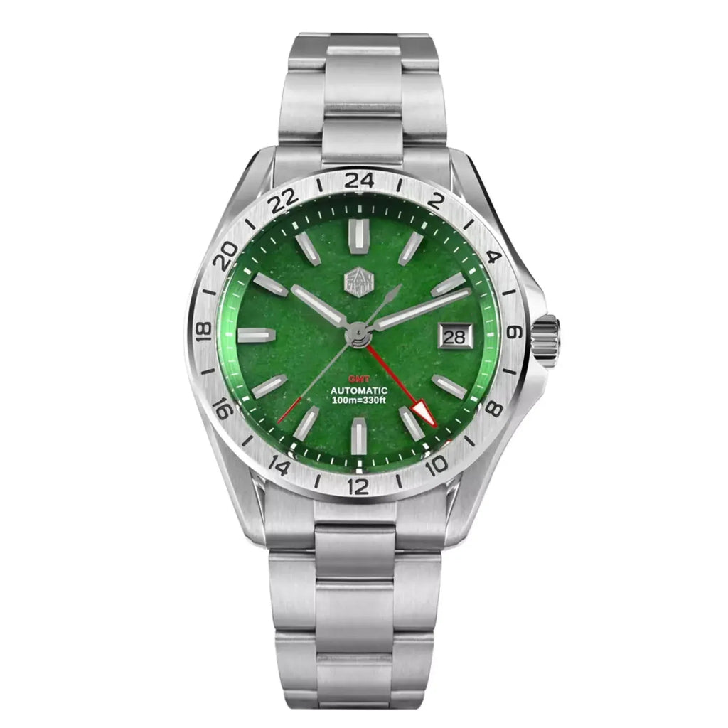 San Martin New 39mm Luxury Men’s Business Dress GMT Watch NH34 Automatic Mechanical Date Windows Waterproof 100m Luminous With Red Agate and Green Jade Dial SN0129-B-1 - DREAM WATCHES