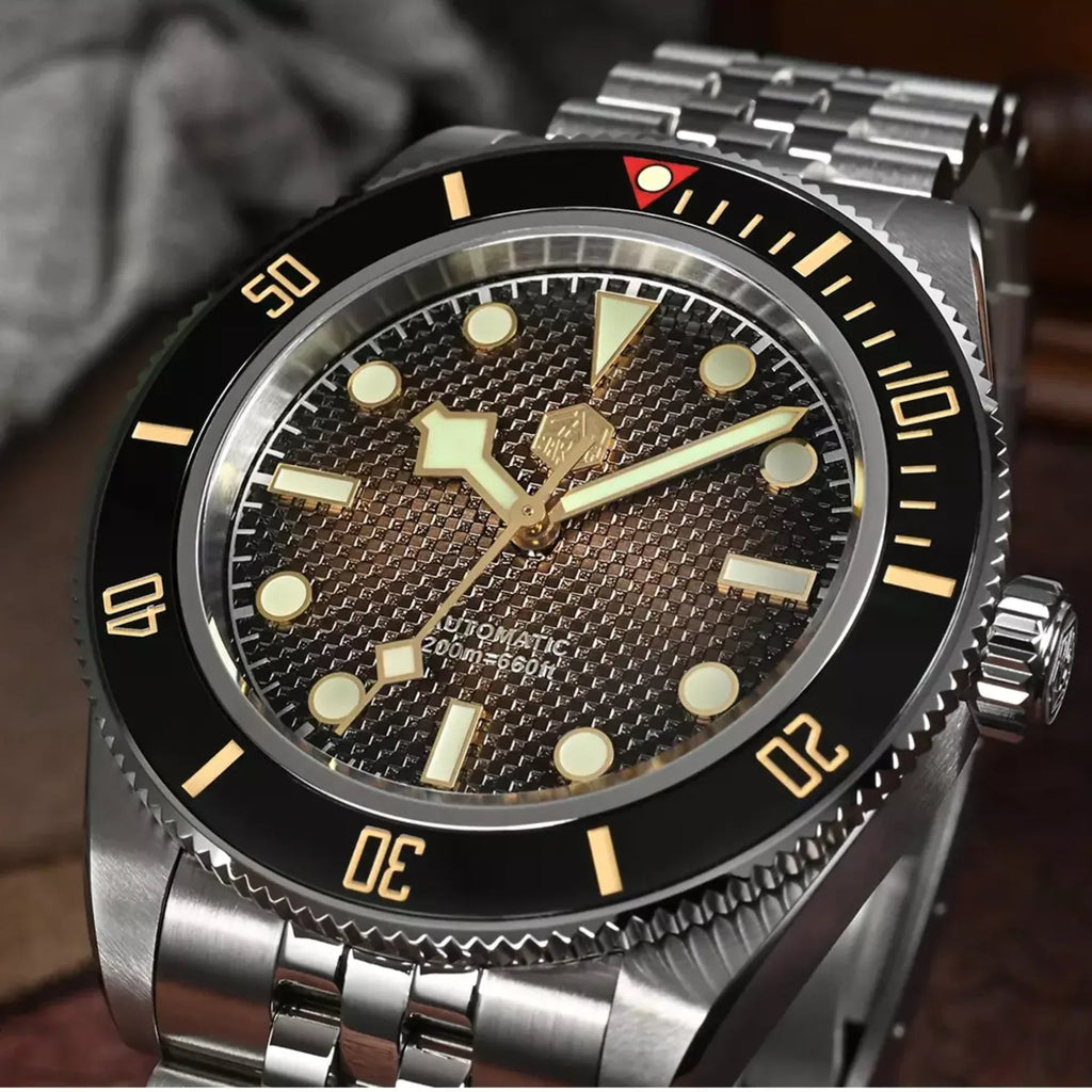 San Martin New 40mm BB Diver Watch snowflake hands NH35 Automatic Mechanical Sapphire brown/gray gradient grid dial SN0128-B - DREAM WATCHES