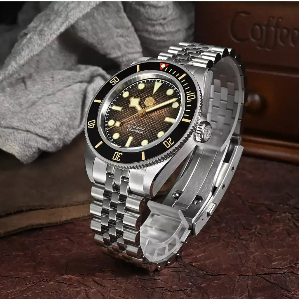San Martin New 40mm BB Diver Watch snowflake hands NH35 Automatic Mechanical Sapphire brown/gray gradient grid dial SN0128-B - DREAM WATCHES