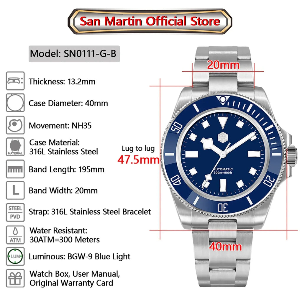 San Martin New Diver Watch Classic Snowflake Hands SN0111G - Blue - DREAM WATCHES