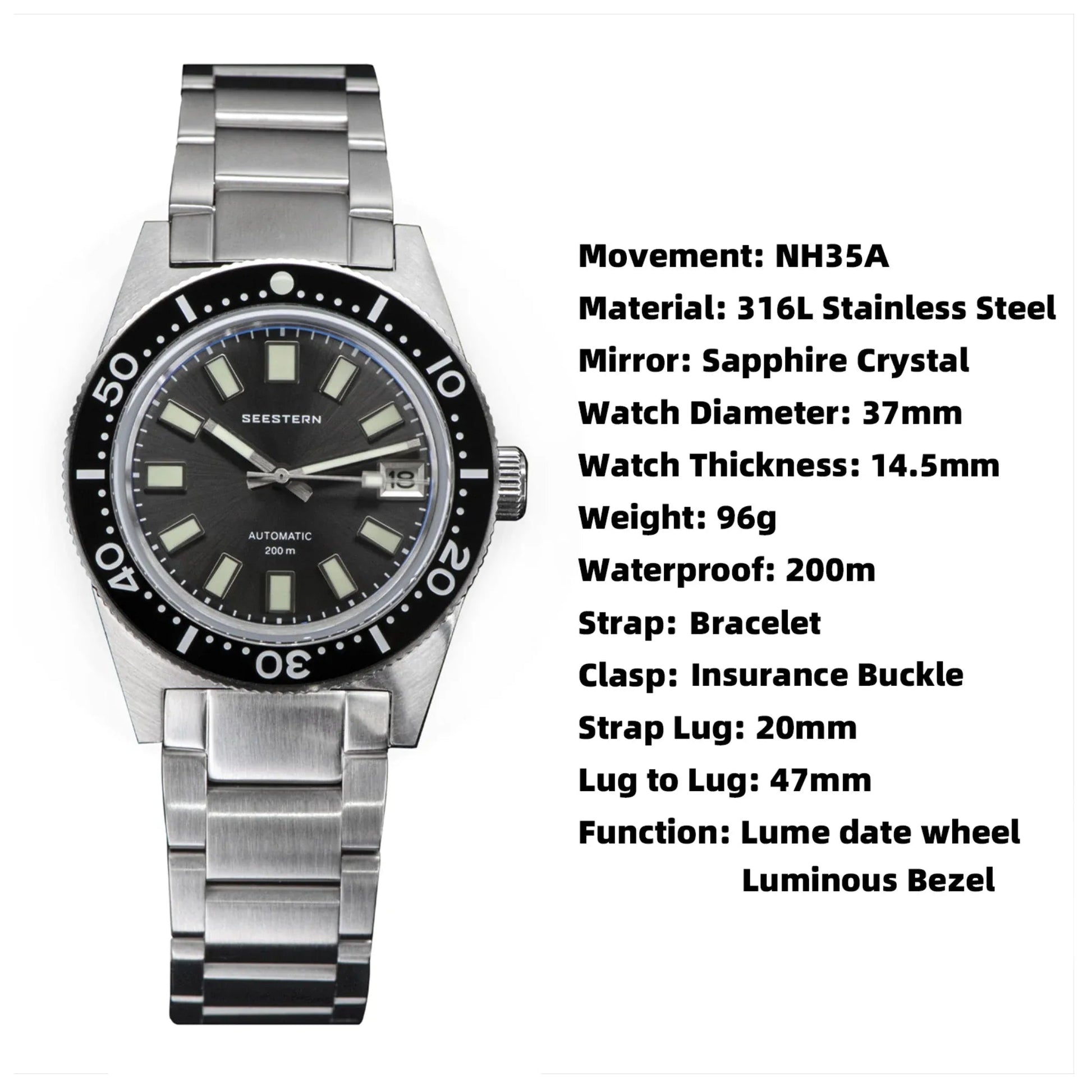 SEESTERN 62MASSX V3 Diving Watch Men Automatic Mechanical Wristwatch Luminous Bezel Waterproof NH35 Movement Sapphire Glass Bracelet - DREAM WATCHES