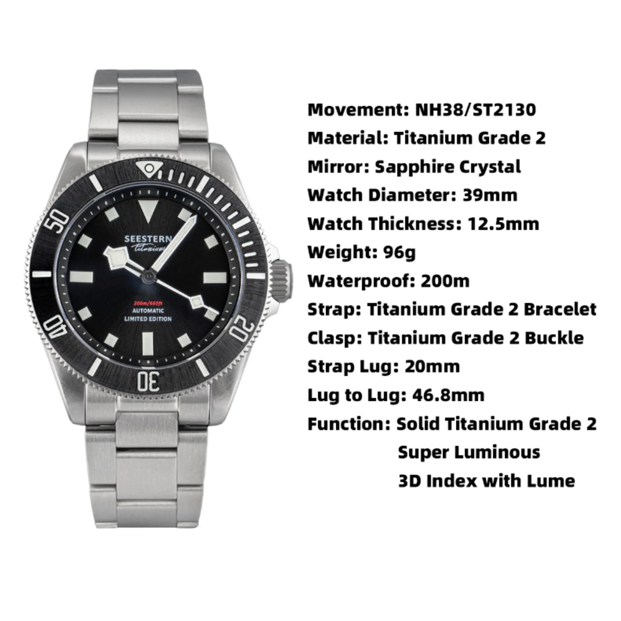 Montre Automatique Seestern S430 Titane - Cadran Noir - Étanche 200m - Boîte & Livret - Neuf