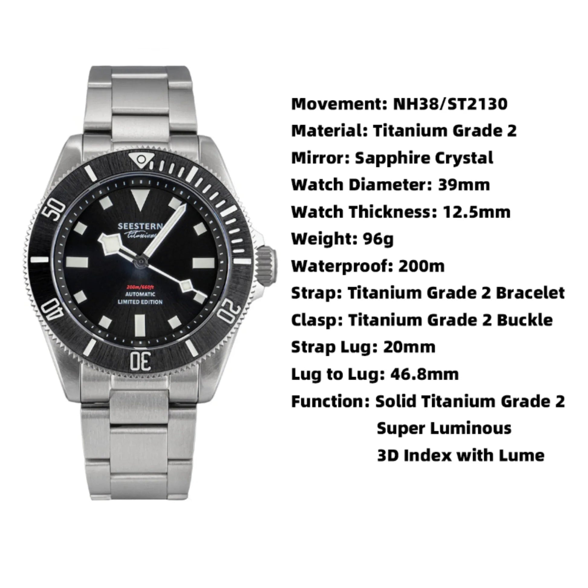 SEESTERN S430 Titanium Diver Watch for Men Automatic Mechanical Wristwatch NH38 Movement Sapphire Glass 20ATM Waterproof Luminous New - Black - DREAM WATCHES