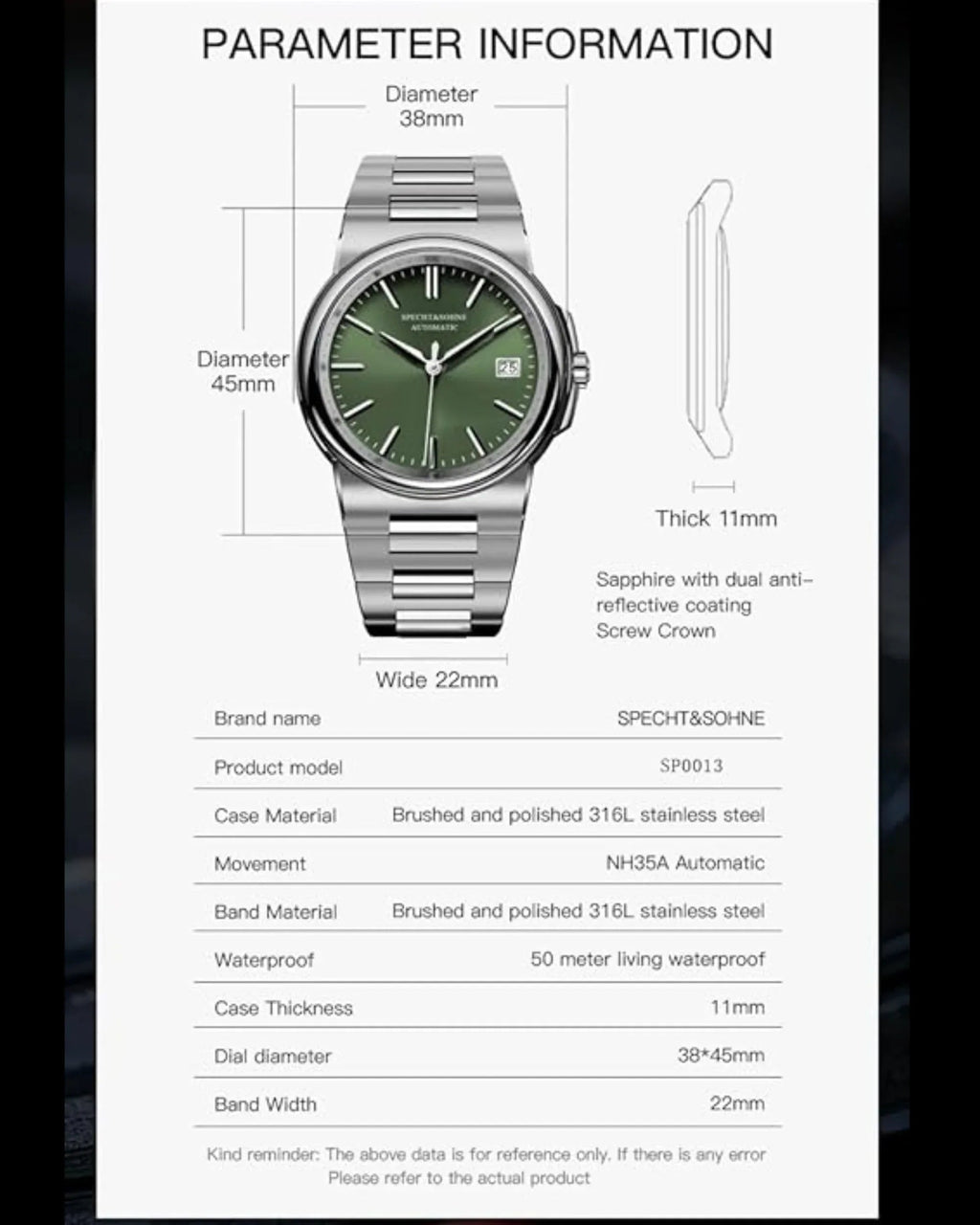 Specht & Sohne 38MM Automatic Stainless Steel Watch with Seiko NH35 movement - Blue - DREAM WATCHES