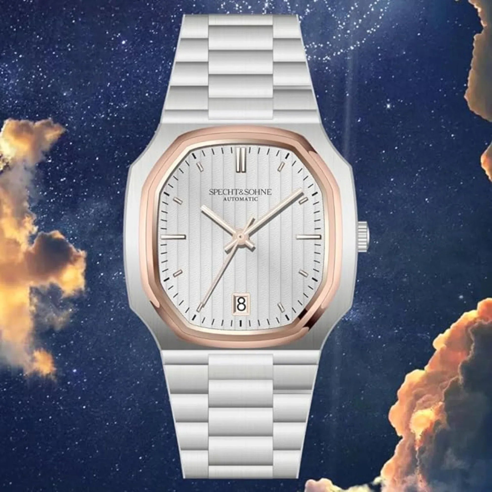 SPECHT & SOHNE 38MM Elegant Automatic Stainless Steel Sapphire Crystal - White/ Golden Bezel Dial - DREAM WATCHES