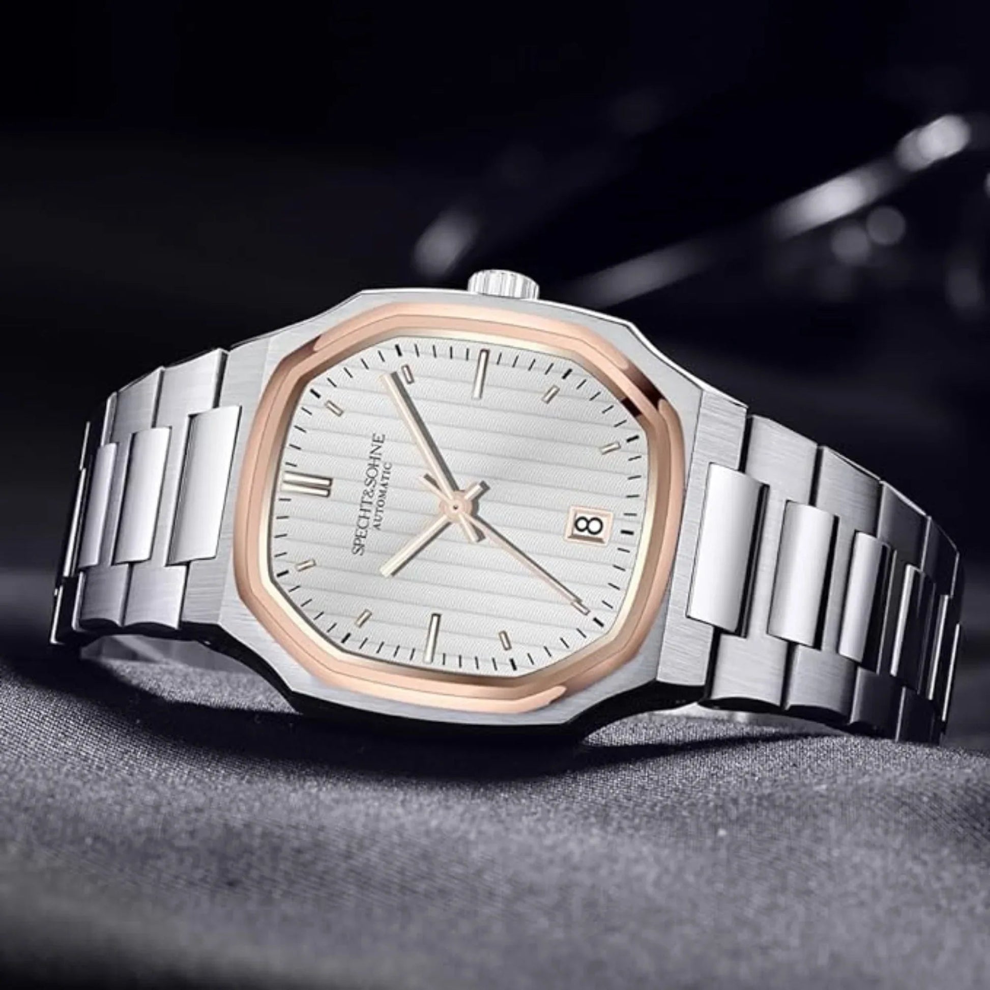 SPECHT & SOHNE 38MM Elegant Automatic Stainless Steel Sapphire Crystal - White/ Golden Bezel Dial - DREAM WATCHES
