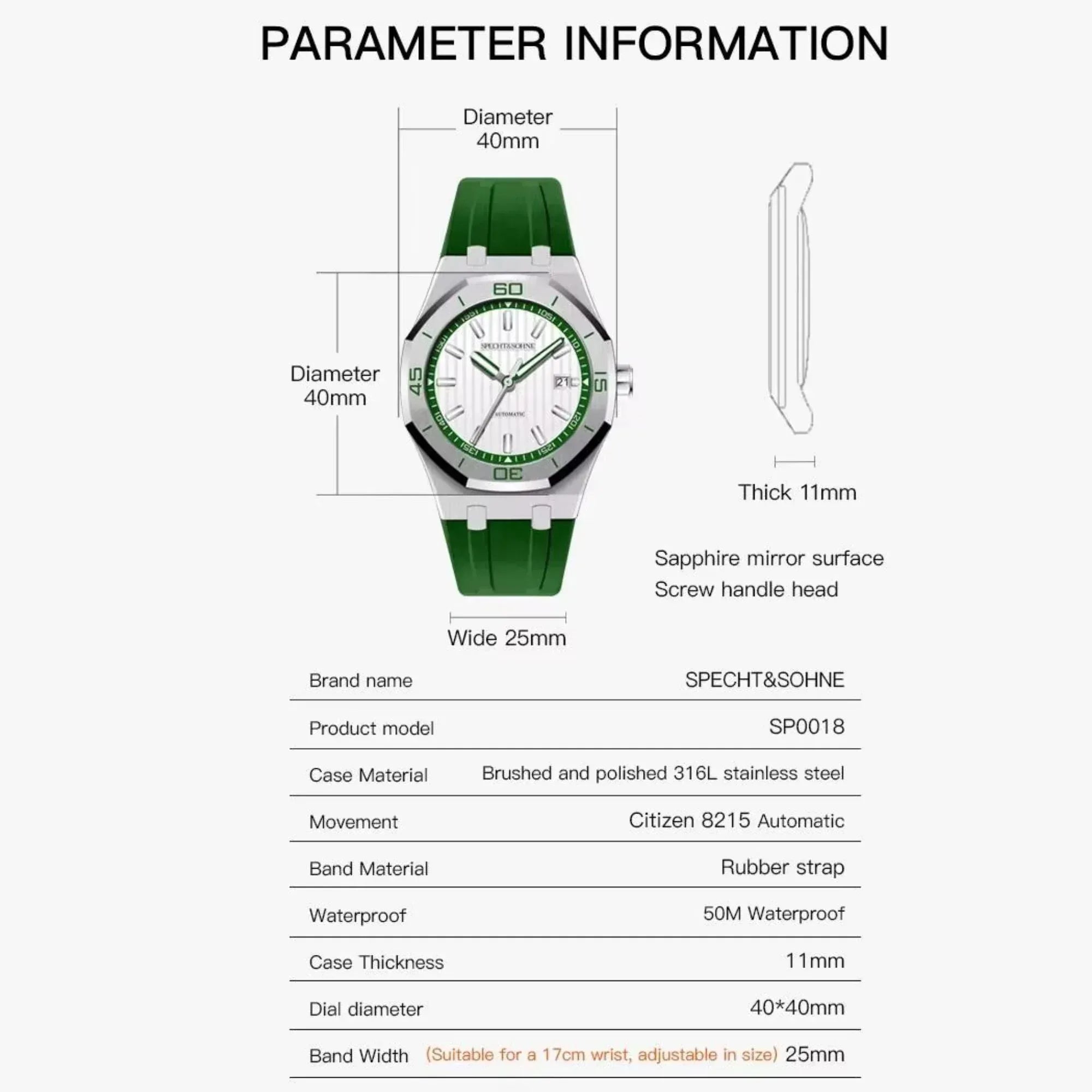 Specht & Sohne 40mm Automatic Mechanical Watches Rubber Relogio Masculino Waterproof SP00018 - DREAM WATCHES