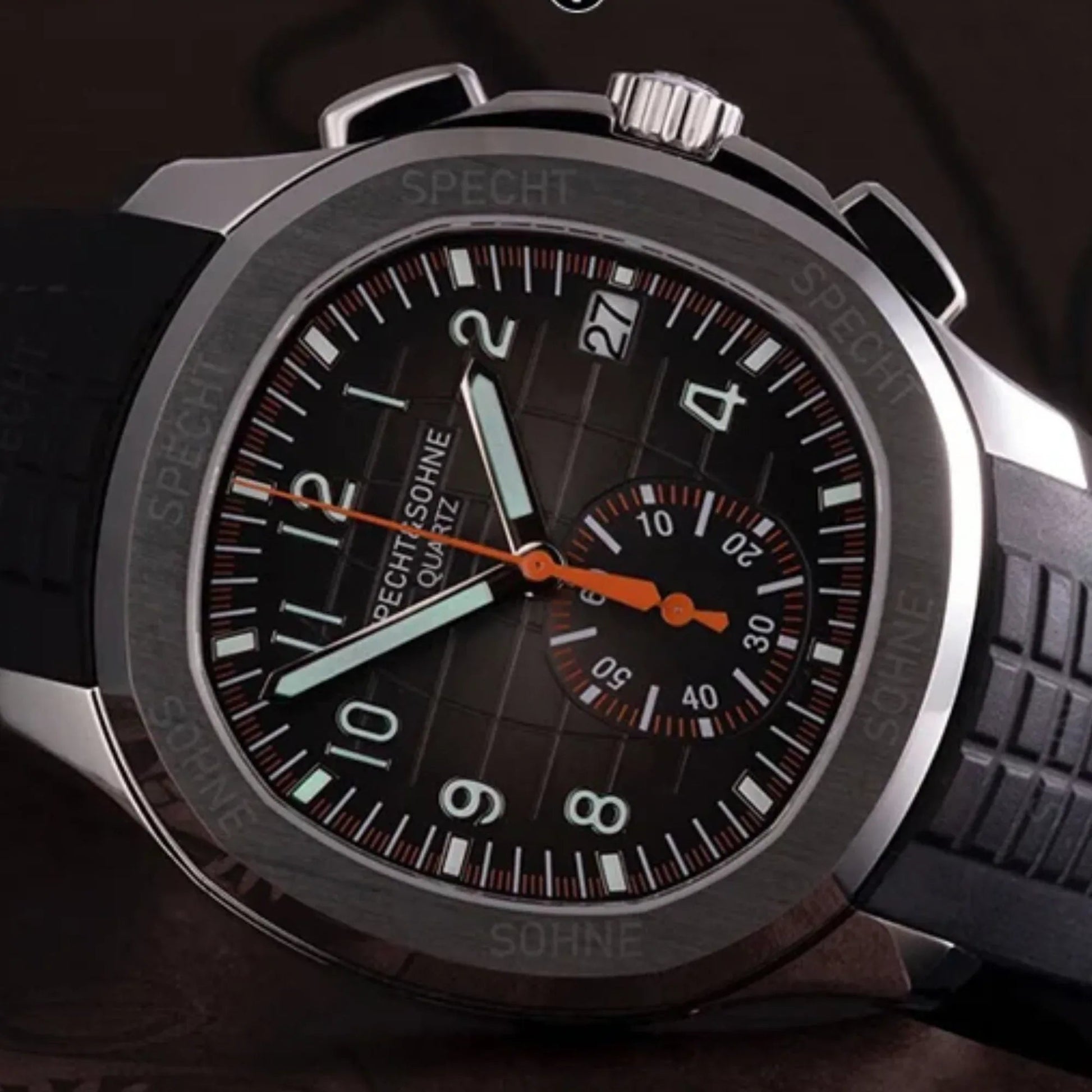 SPECHT & SOHNE 42MM Mens Japanese Movement Chronograph Quartz Wristwatch 50M Waterproof - Black - DREAM WATCHES