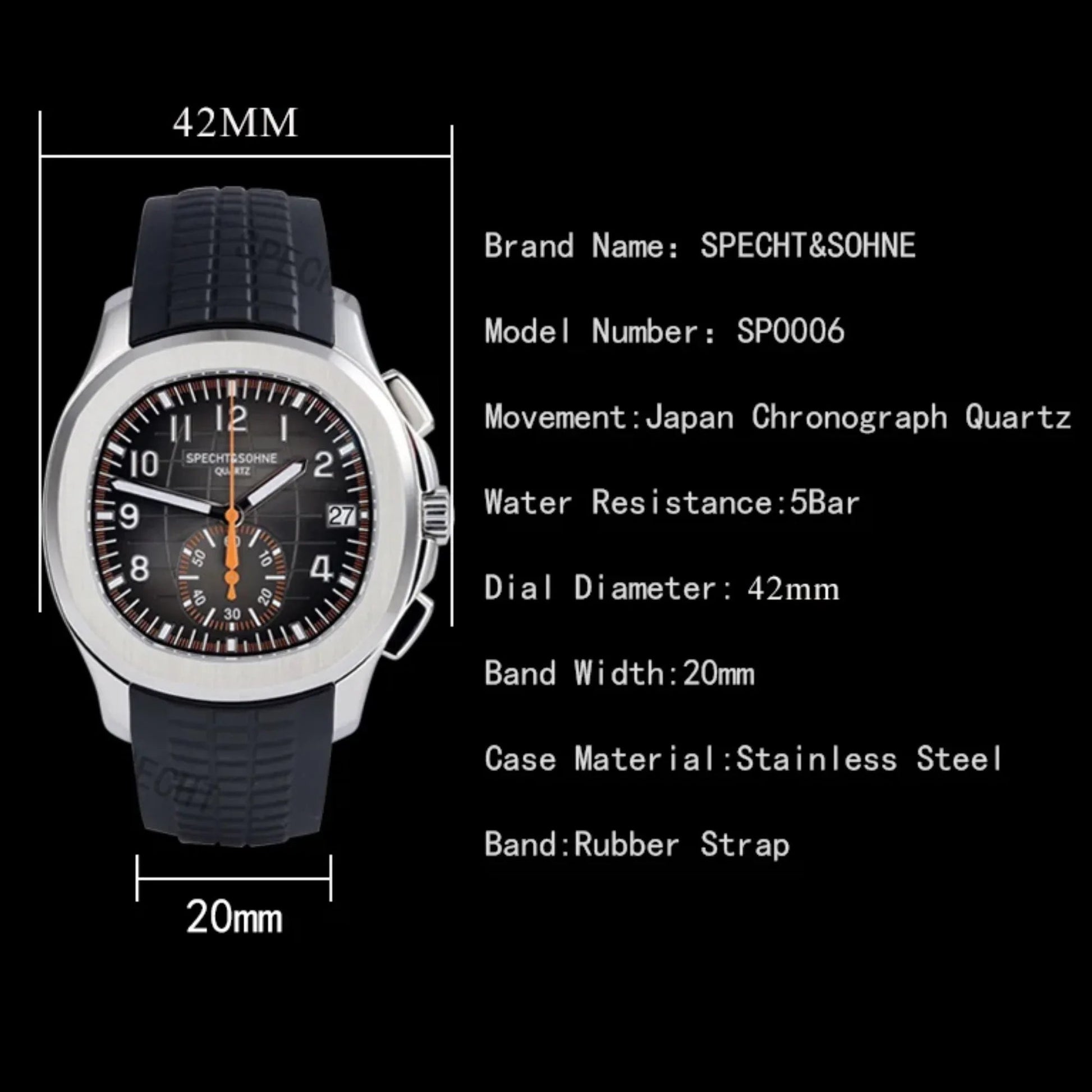 SPECHT & SOHNE 42MM Mens Japanese Movement Chronograph Quartz Wristwatch 50M Waterproof - Blue - DREAM WATCHES