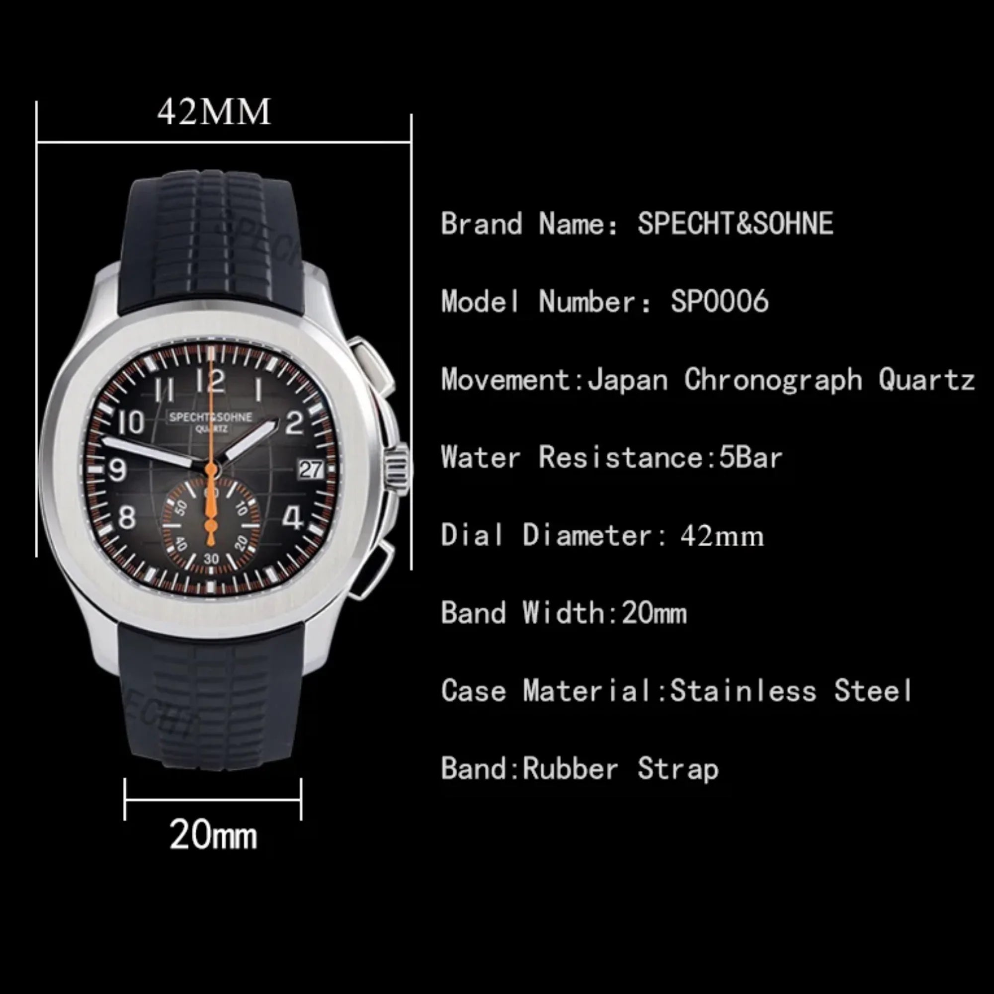 SPECHT & SOHNE 42MM Mens Japanese Movement Chronograph Quartz Wristwatch 50M Waterproof - Blue - DREAM WATCHES