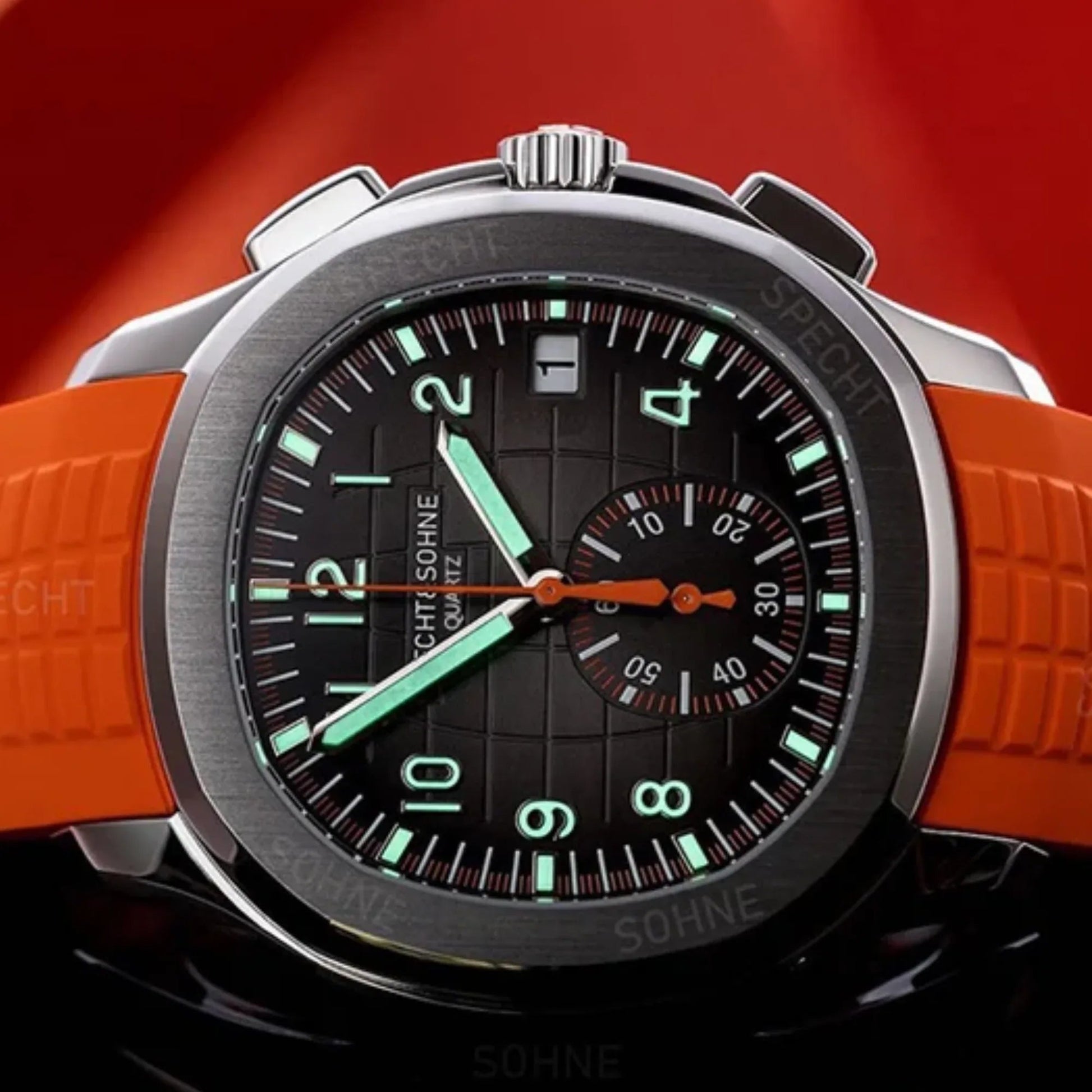 SPECHT & SOHNE 42MM Mens Japanese Movement Chronograph Quartz Wristwatch 50M Waterproof - Orange - DREAM WATCHES