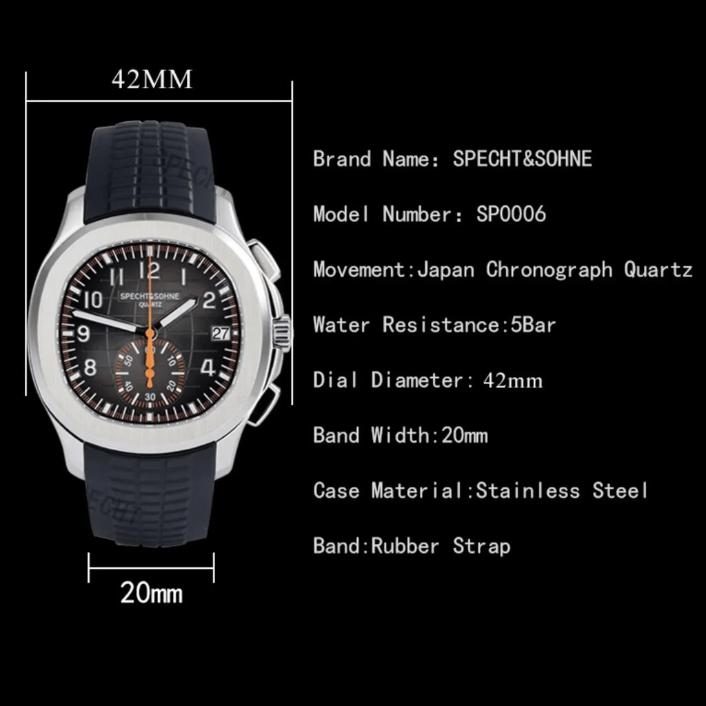 SPECHT & SOHNE 42MM Mens Japanese Movement Chronograph Quartz Wristwatch 50M Waterproof - RoseGold/ Brown - DREAM WATCHES