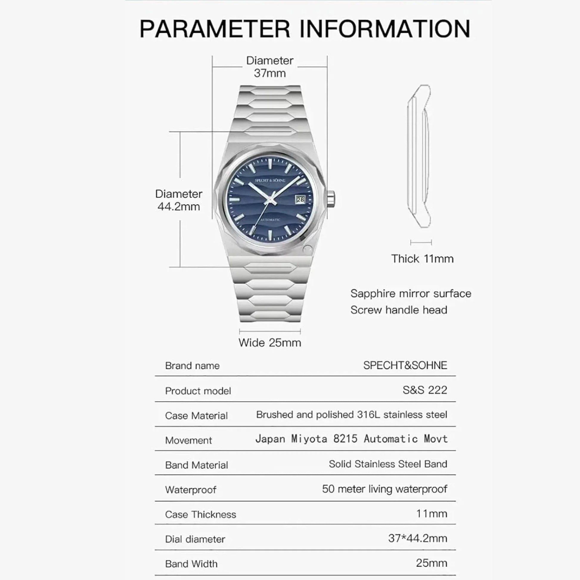 Specht & Söhne Men's 37mm Automatic Watch with Sapphire Crystal & Waterproof - DREAM WATCHES