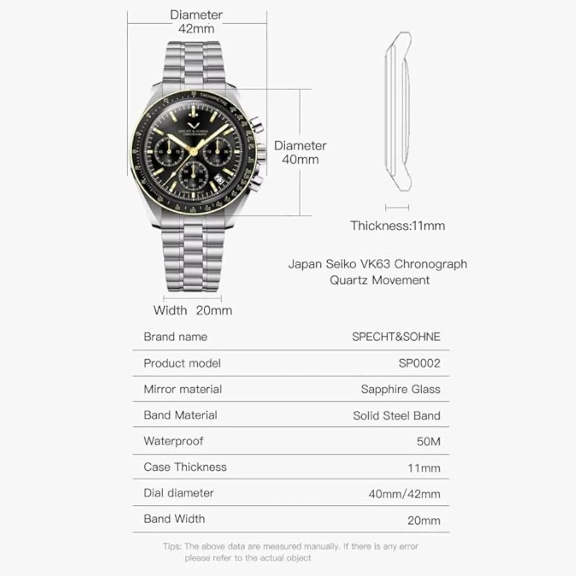 Specht & Sohne Moon Wristwatch with Japanese VK63 Chronograph Meca-Quartz Stainless Steel Sapphire Sport Watch - DREAM WATCHES