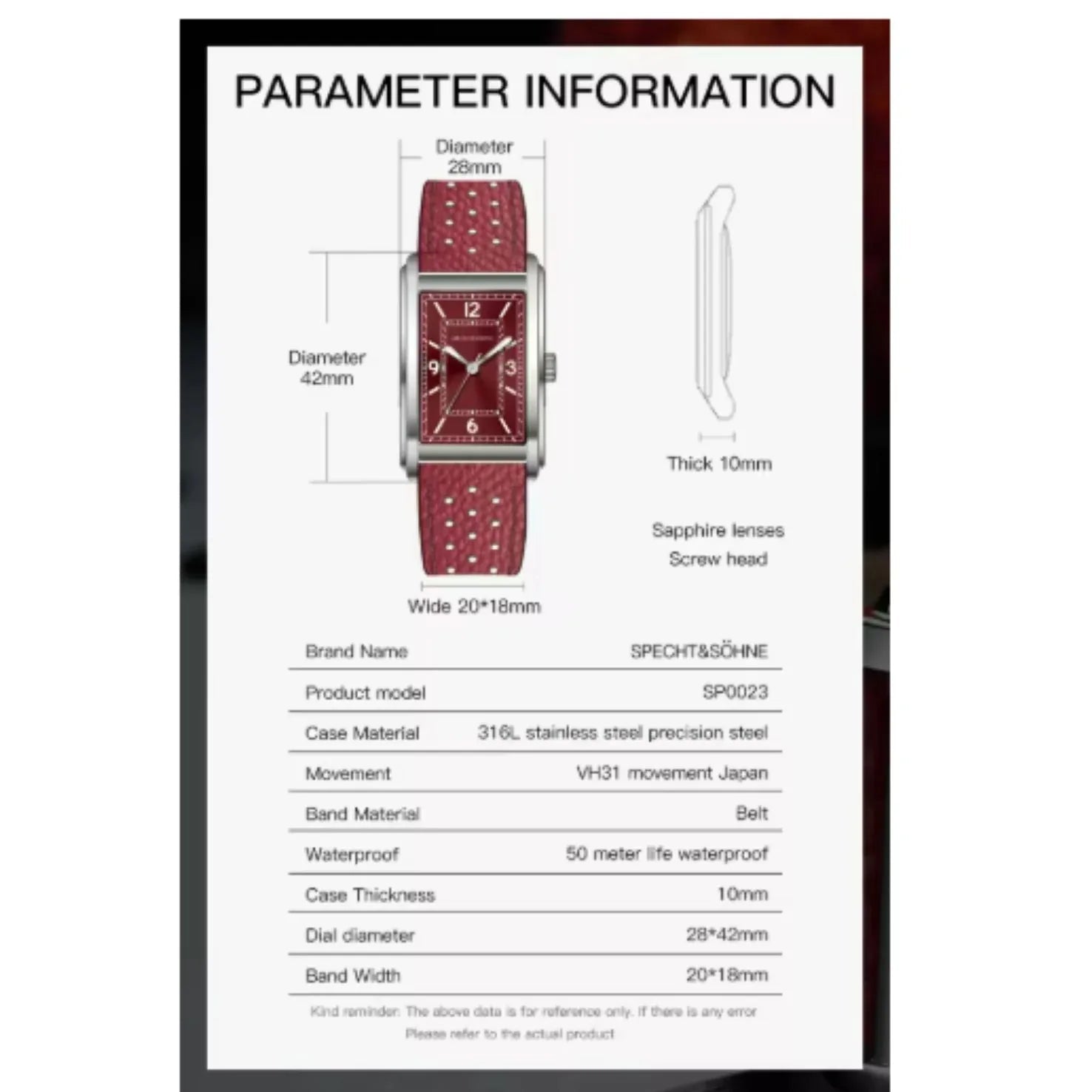 Specht & Söhne Square Japanese Ultrathin VH31 Movt Unisex Watch - Maroon - DREAM WATCHES
