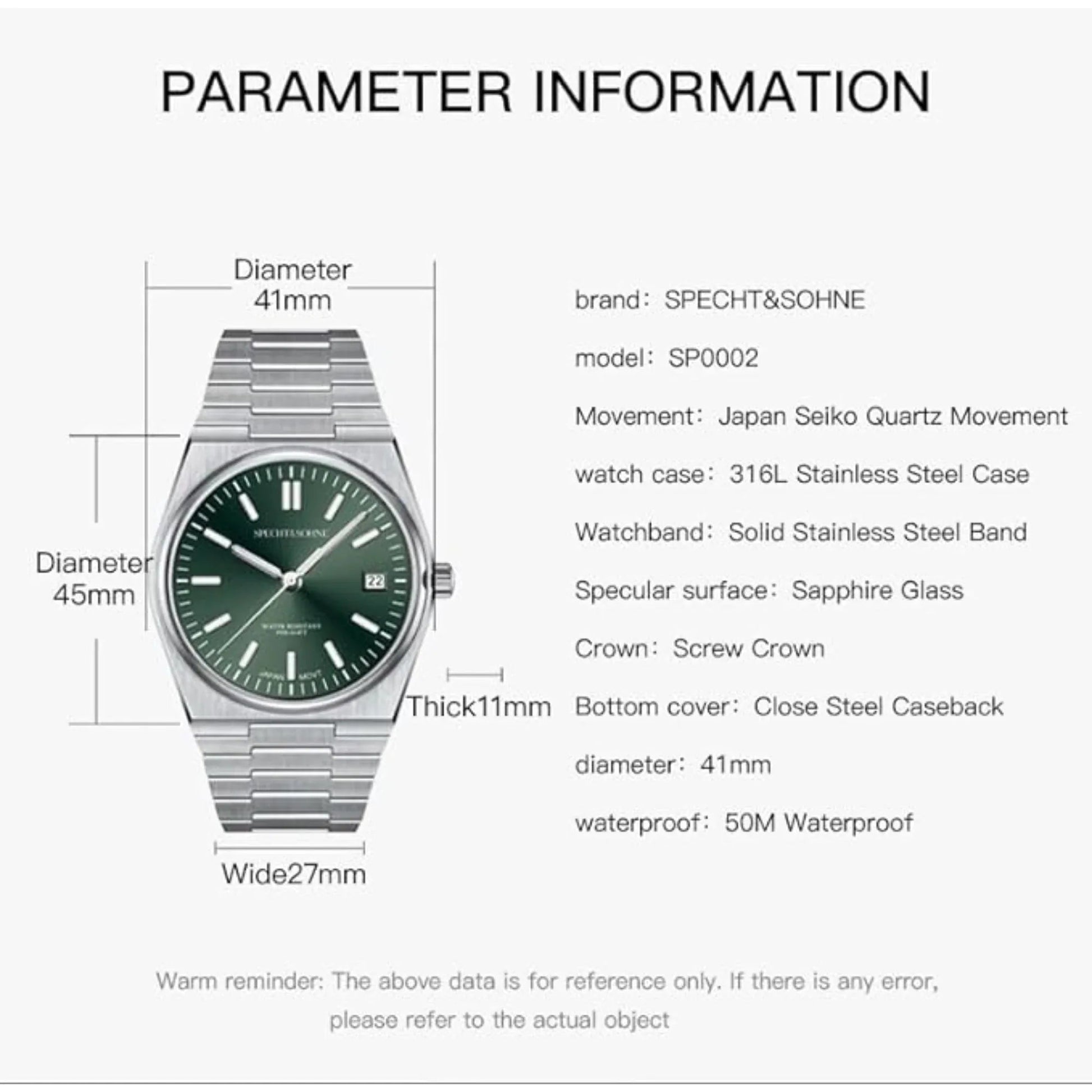 Specht&Sohne 41 Mm Mens Luxury Watch With Japanese Quartz Movement- Quartz Green - DREAM WATCHES