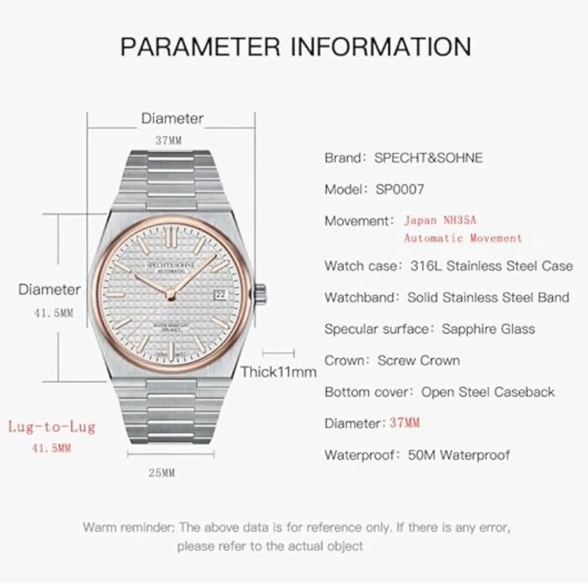 SPECHT&SOHNE Men's Mechanical Wristwatch Automatic Watches Sapphire Crystal 37MM Stainless Steel - DREAM WATCHES
