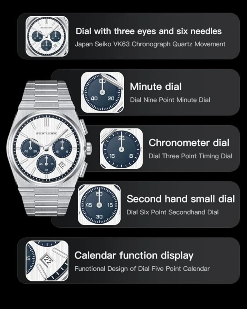 Specht&Sohne Multi-Function Chronograph with Seiko VK63 Watches Stainless Steel Wristwatch - DREAM WATCHES