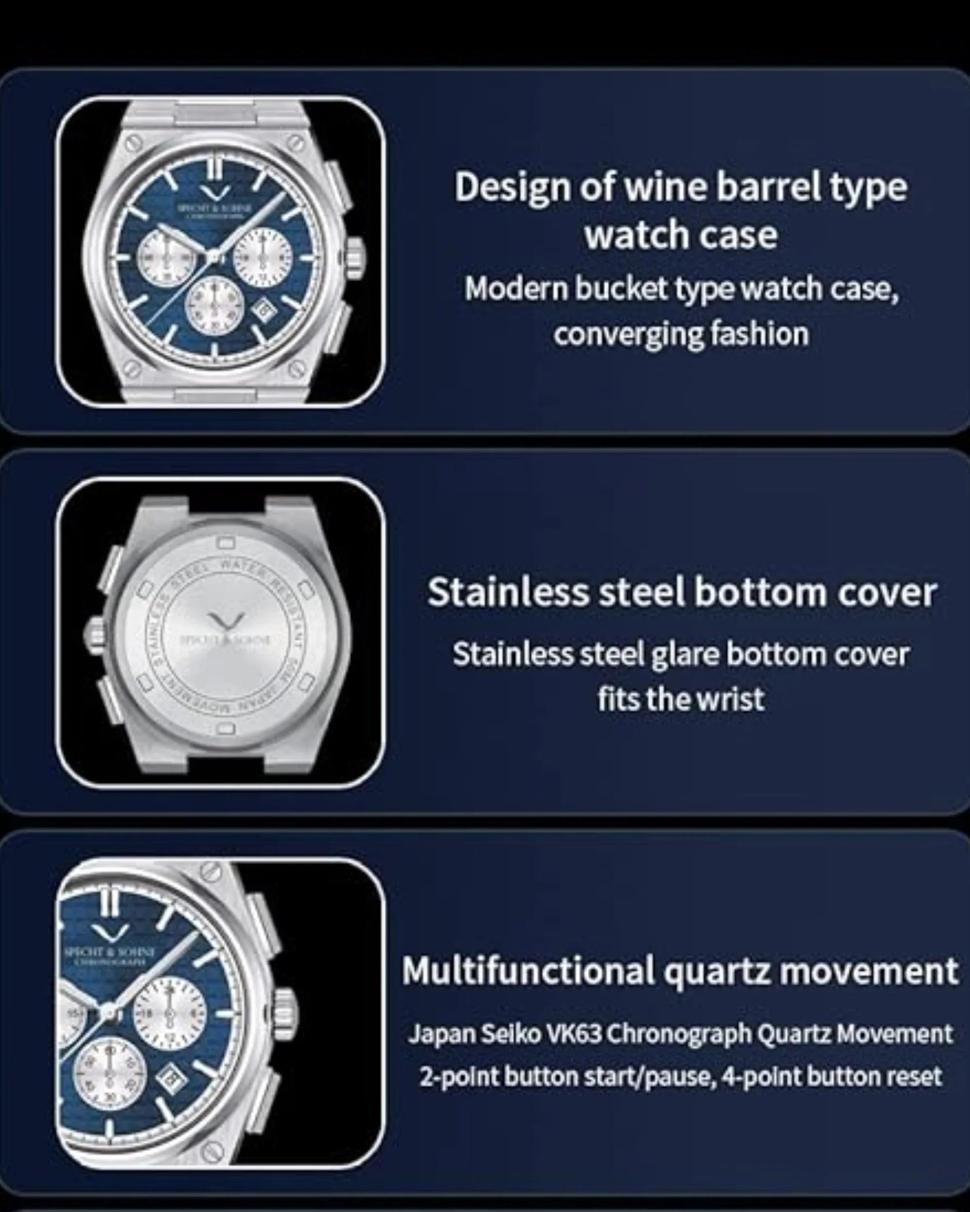 Specht&Sohne Multi-Function Chronograph with Seiko VK63 Watches Stainless Steel Wristwatch - DREAM WATCHES