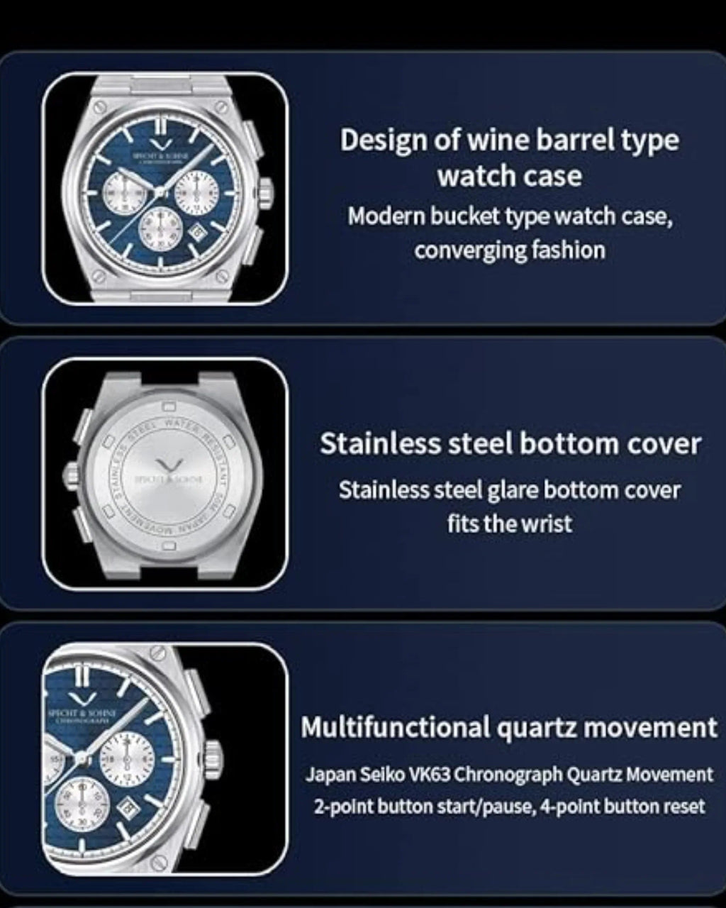 Specht&Sohne Multi-Function Chronograph with Seiko VK63 Watches Stainless Steel Wristwatch - DREAM WATCHES