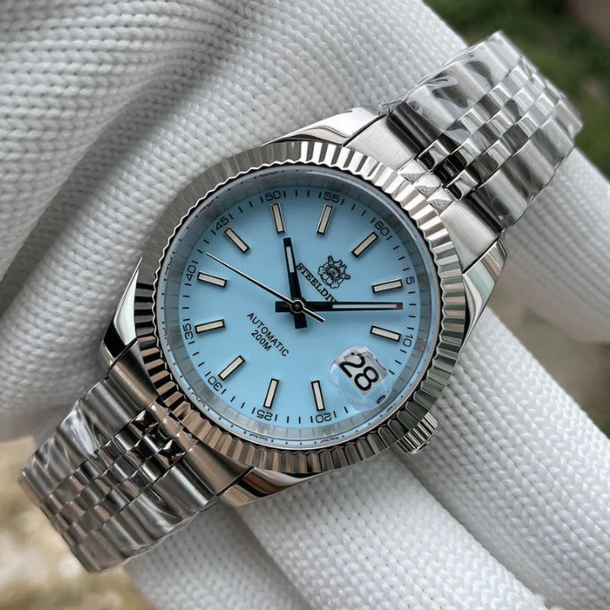 Steeldive SD1933 DJ Homage Men Watch - Fluted Bezel Tiffany Blue Dial Oyster Bracelet - DREAM WATCHES
