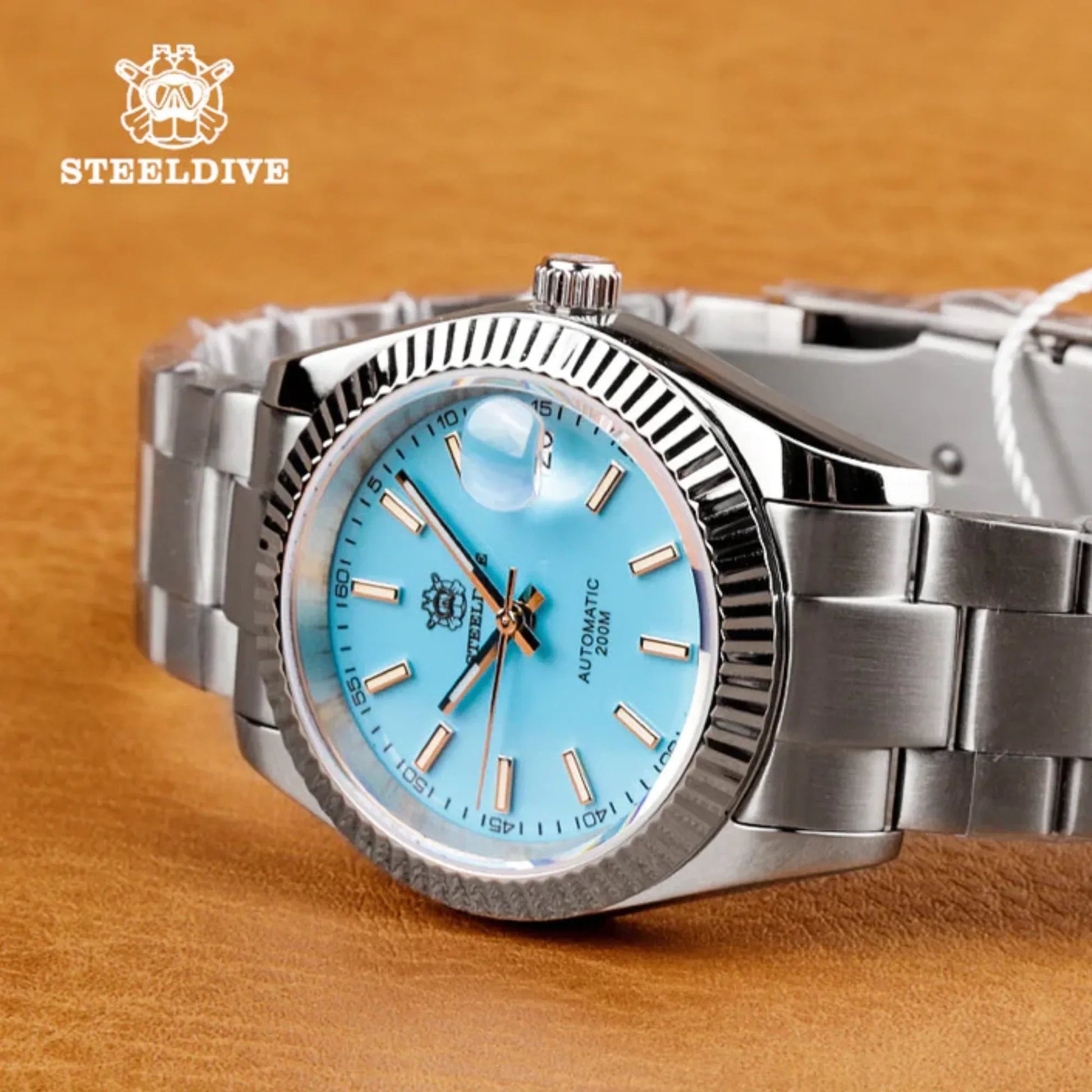 Steeldive SD1933 DJ Homage Men Watch - Fluted Bezel Tiffany Blue Dial Oyster Bracelet - DREAM WATCHES
