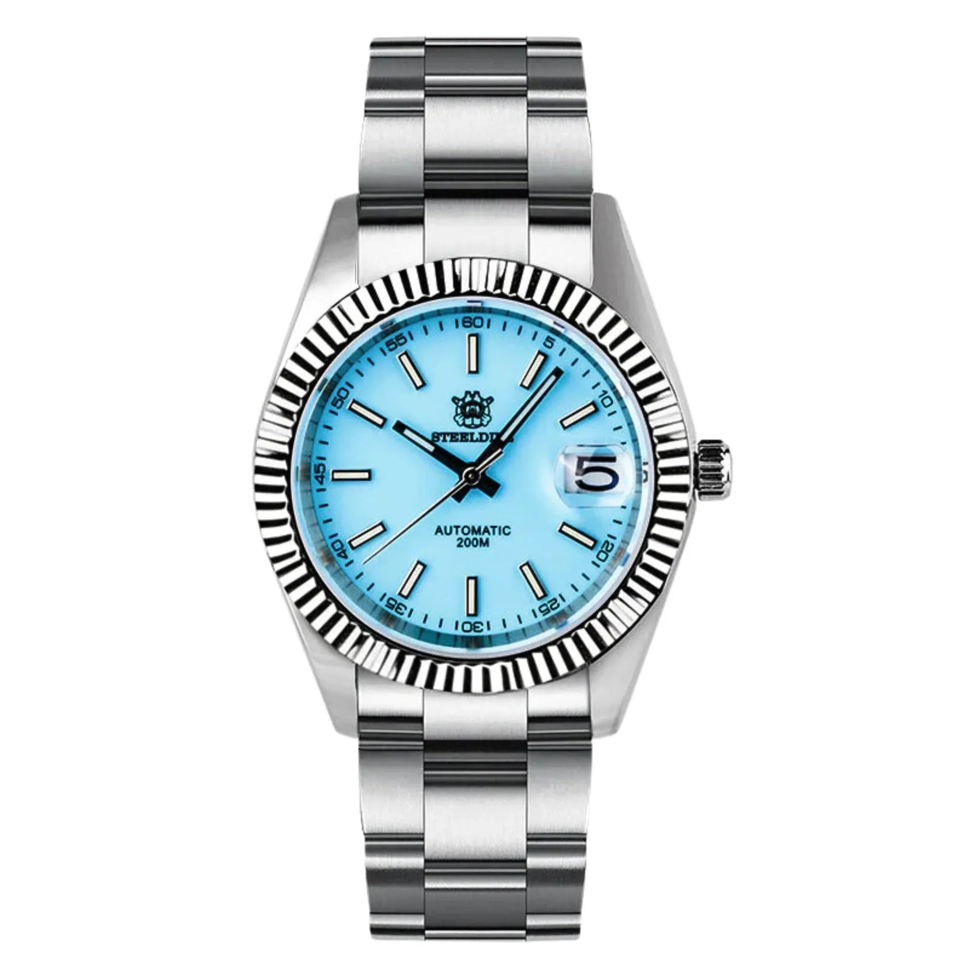 Steeldive SD1933 DJ Homage Men Watch - Fluted Bezel Tiffany Blue Dial Oyster Bracelet - DREAM WATCHES