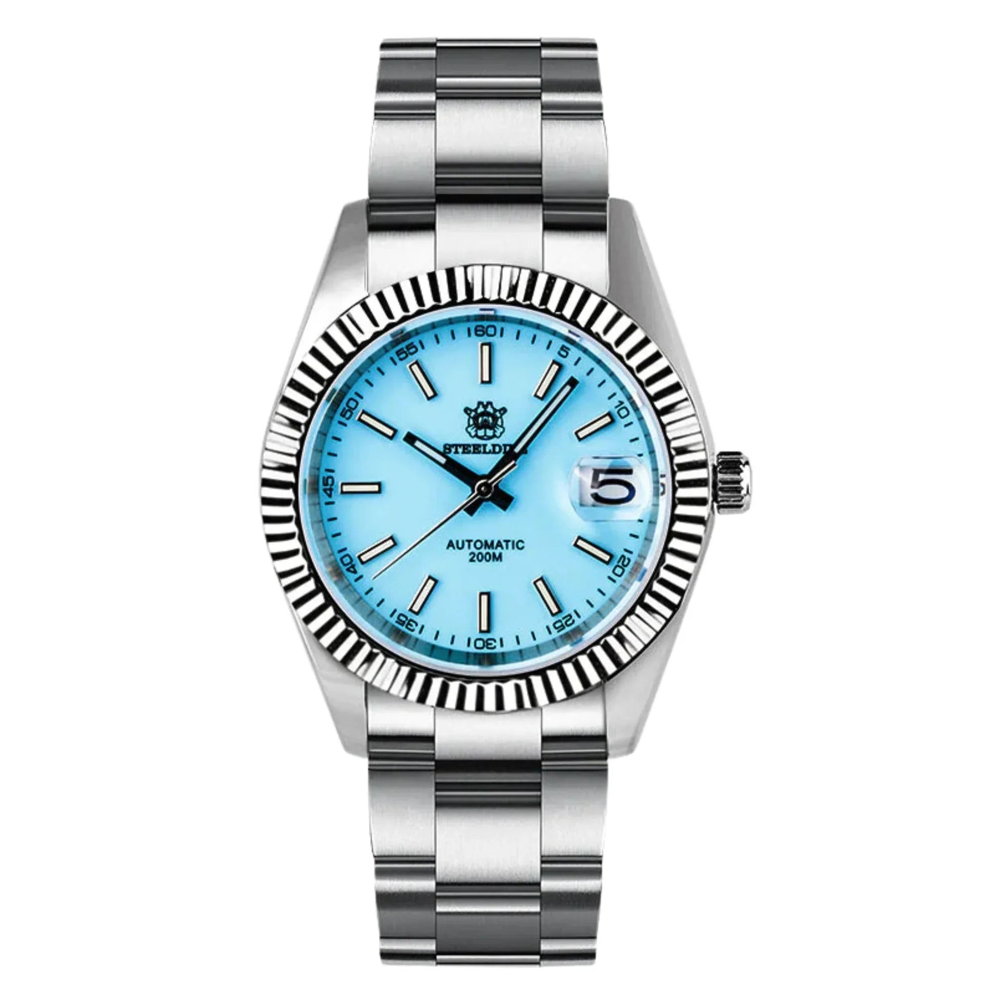 Steeldive SD1933 DJ Homage Men Watch - Fluted Bezel Tiffany Blue Dial Oyster Bracelet - DREAM WATCHES