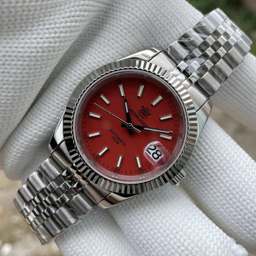 Steeldive SD1933 DJ Homage Men Watch - Red Dial With Oyster Bracelet - DREAM WATCHES