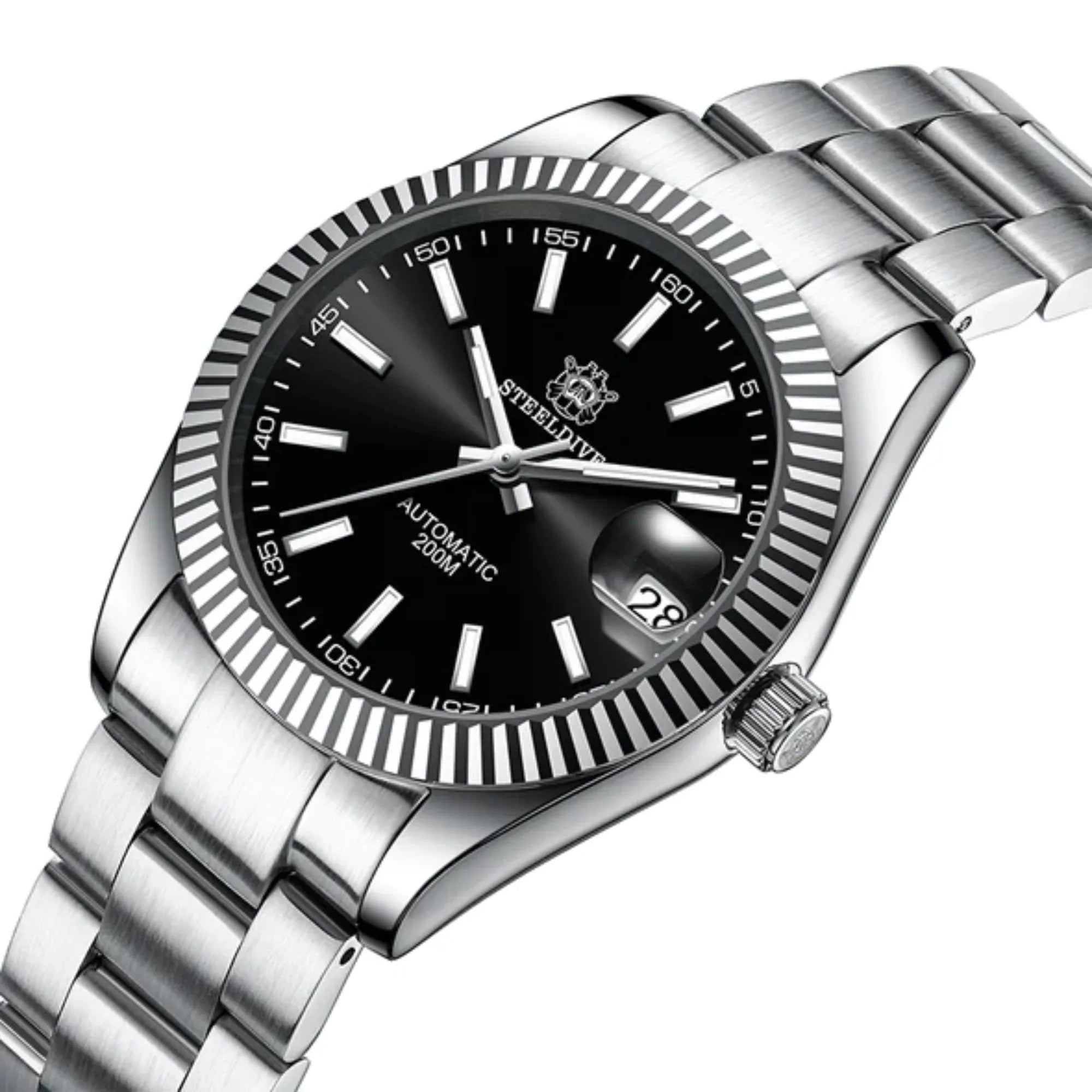 Steeldive SD1933 DJ Homage Men Watches - Fluted Bezel Black Dial With Oyster Bracelet - DREAM WATCHES