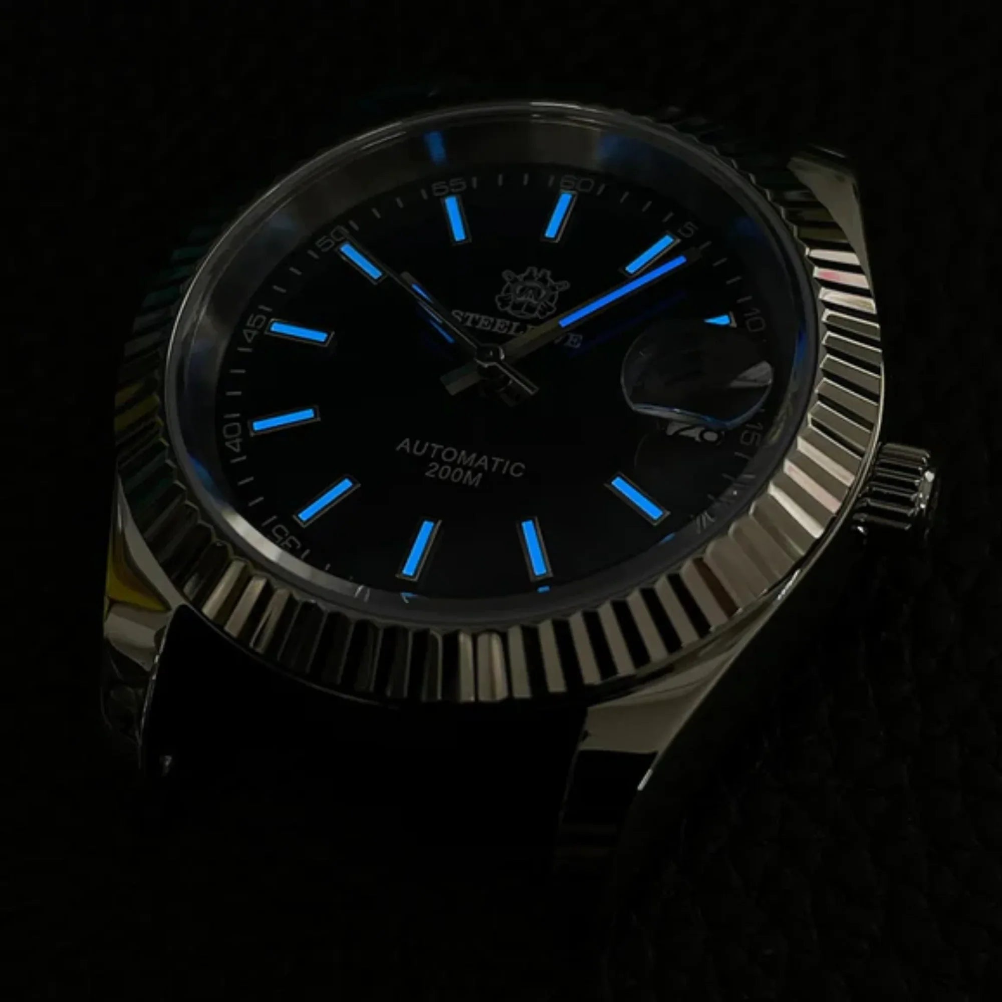 Steeldive SD1933 DJ Homage Men Watches - Fluted Bezel Black Dial With Oyster Bracelet - DREAM WATCHES