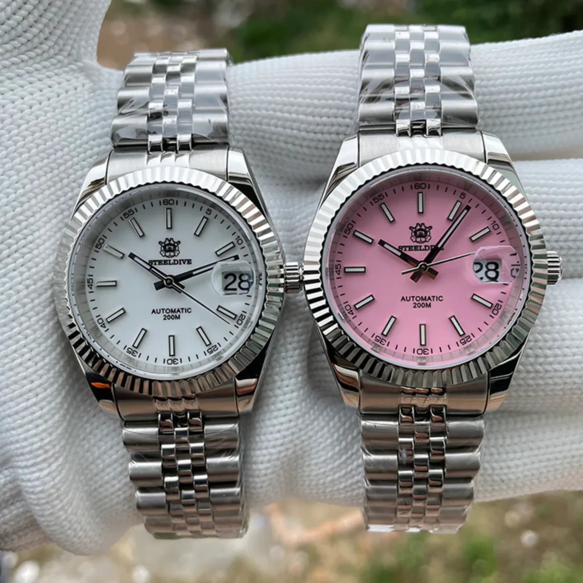 Steeldive SD1933 DJ Homage Men Watches - Fluted Bezel Pink Dial With Jubilee Bracelet - DREAM WATCHES